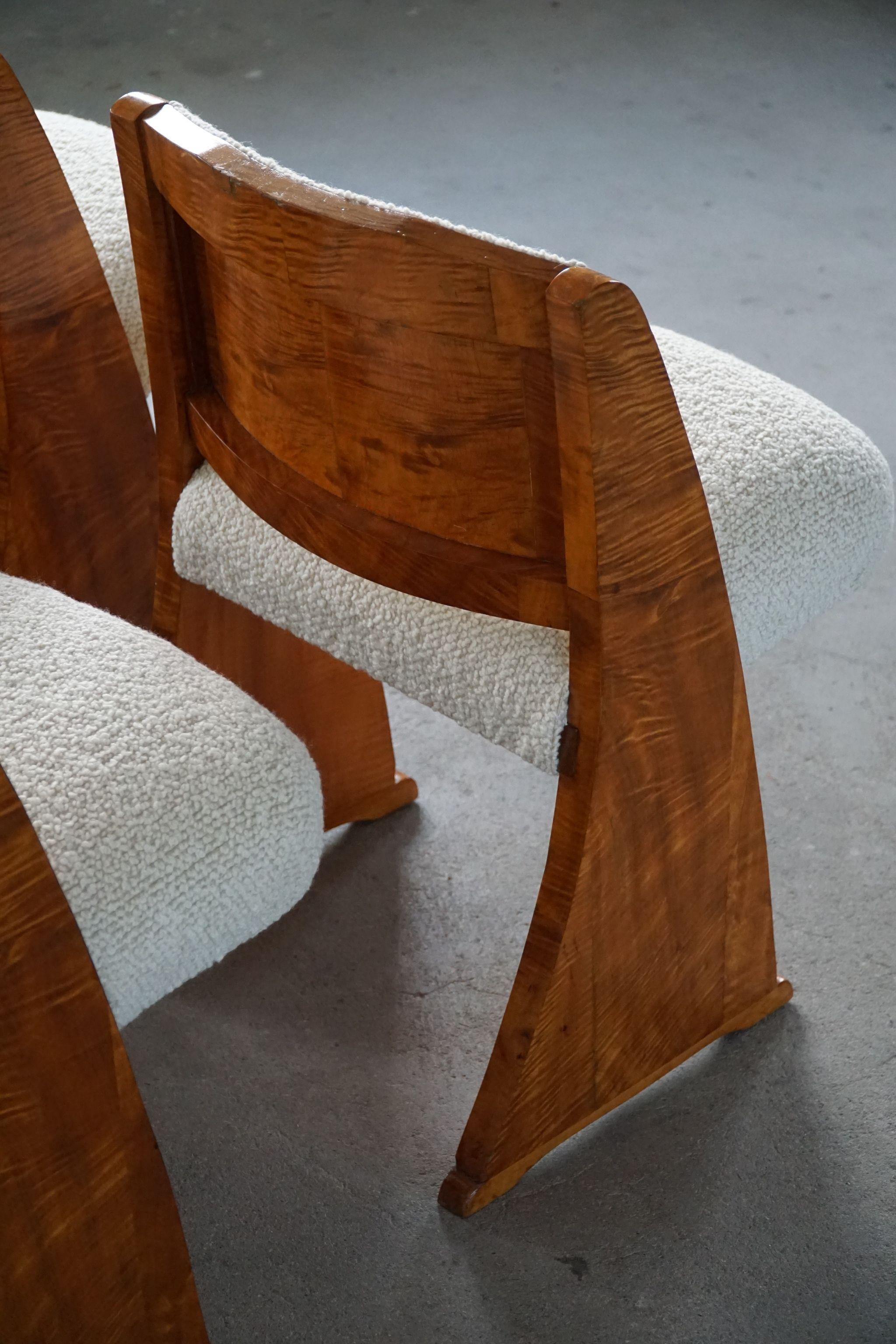 Art déco, ensemble de 6 chaises de salle à manger en bouleau et bouclé, design danois, fabriqué dans les années 1930 10