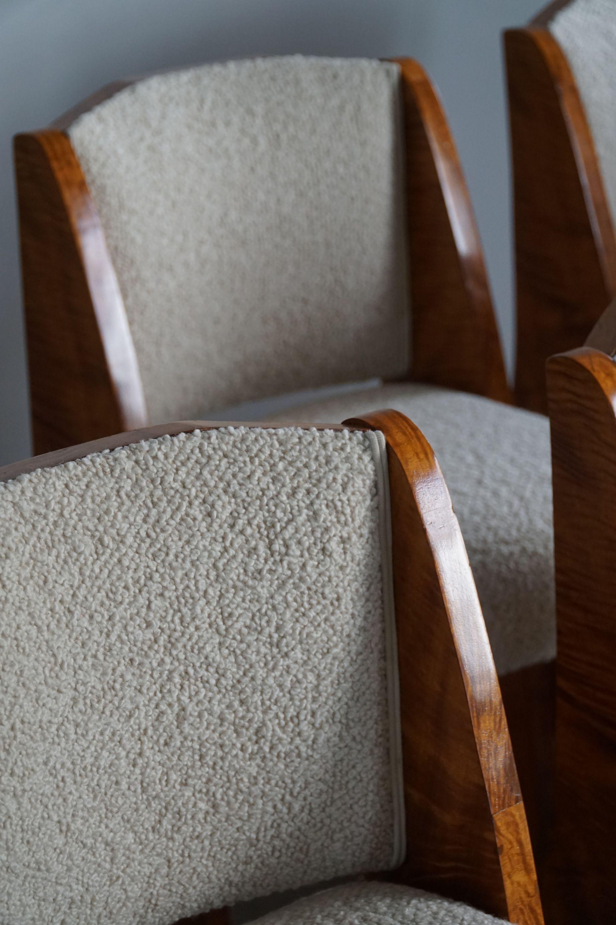 Art déco, ensemble de 6 chaises de salle à manger en bouleau et bouclé, design danois, fabriqué dans les années 1930 11