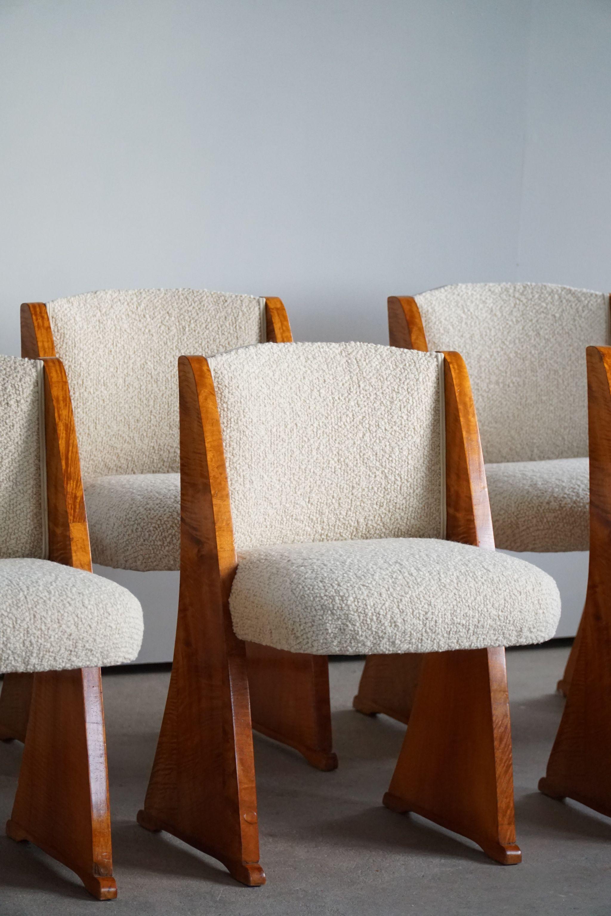 Scandinave moderne Art déco, ensemble de 6 chaises de salle à manger en bouleau et bouclé, design danois, fabriqué dans les années 1930