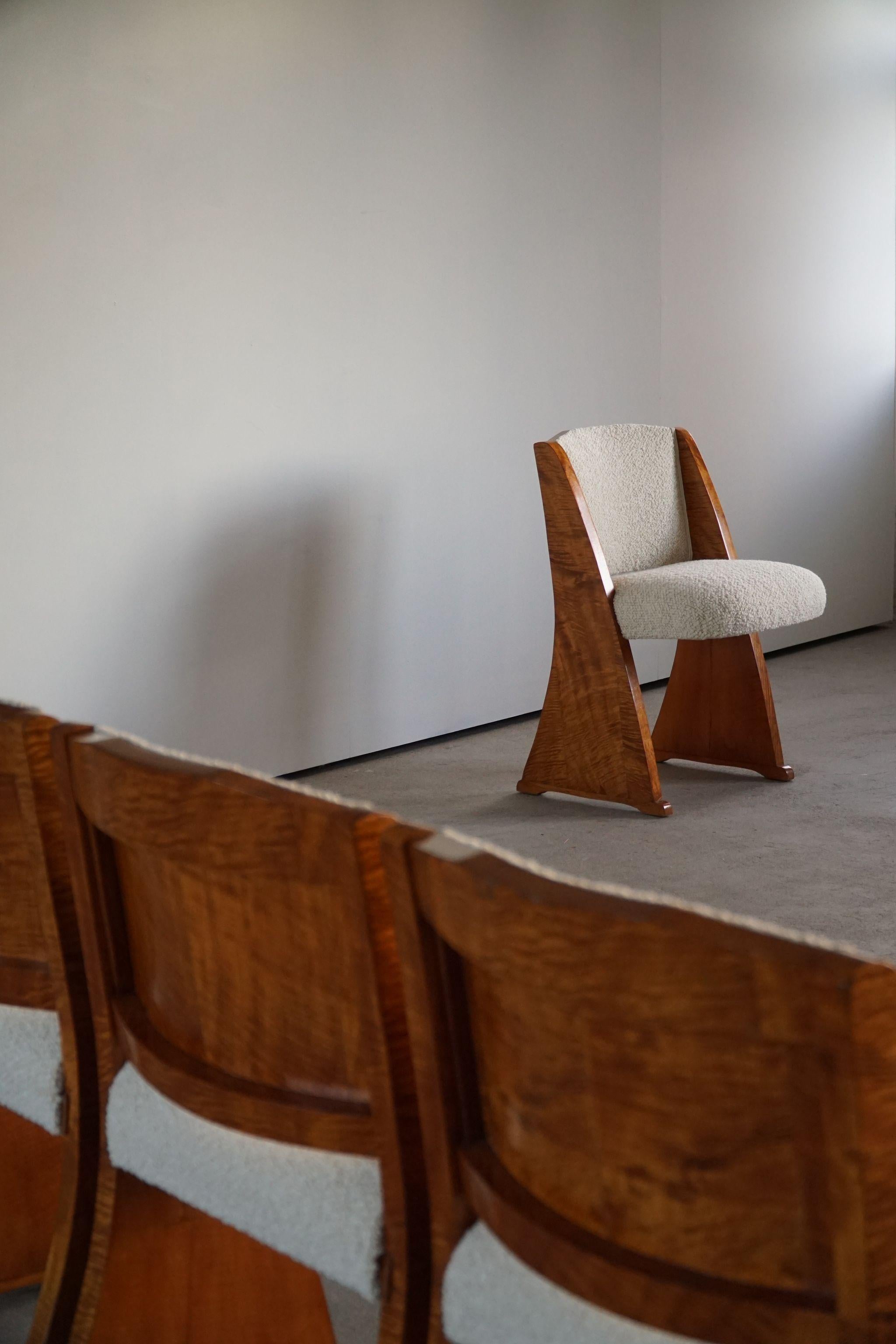 Danois Art déco, ensemble de 6 chaises de salle à manger en bouleau et bouclé, design danois, fabriqué dans les années 1930