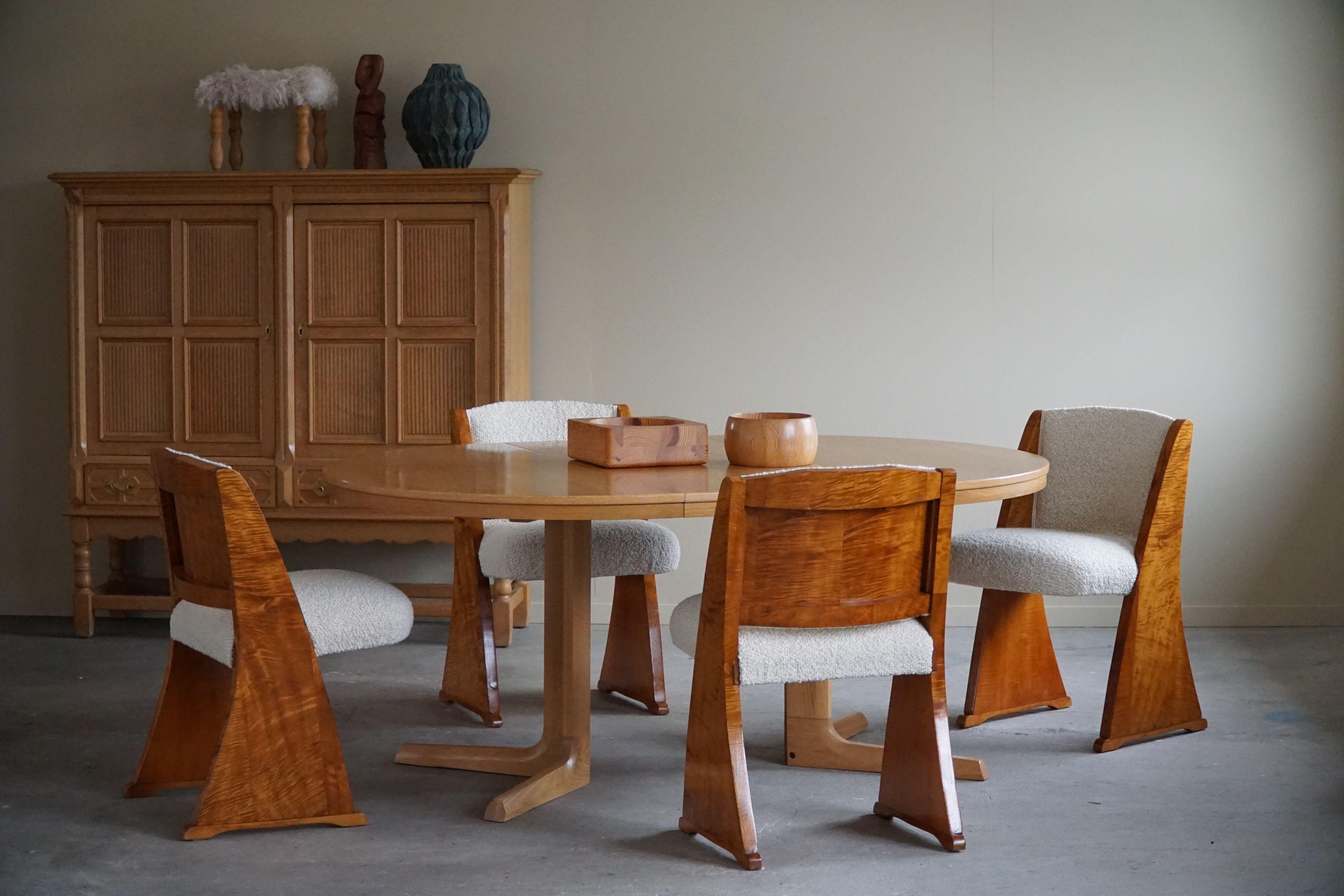 Fait main Art déco, ensemble de 6 chaises de salle à manger en bouleau et bouclé, design danois, fabriqué dans les années 1930