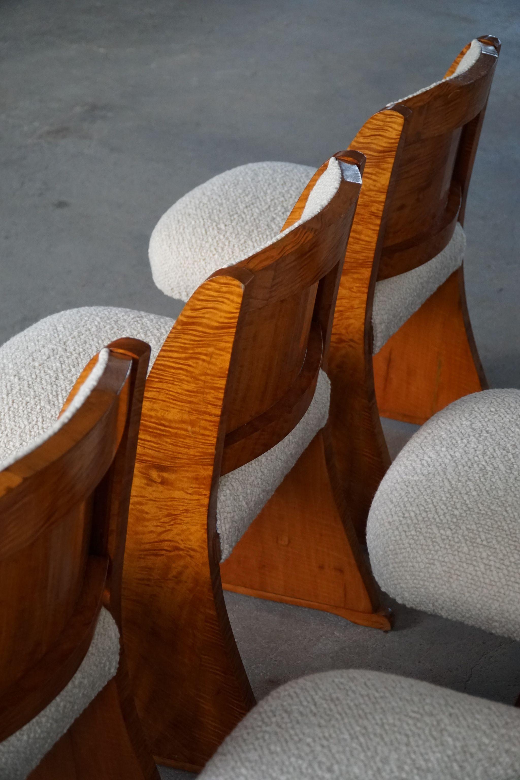 20th Century Art Deco, Set of 6 Dining Chairs in Birch & Bouclé, Danish Design, Made in 1930s