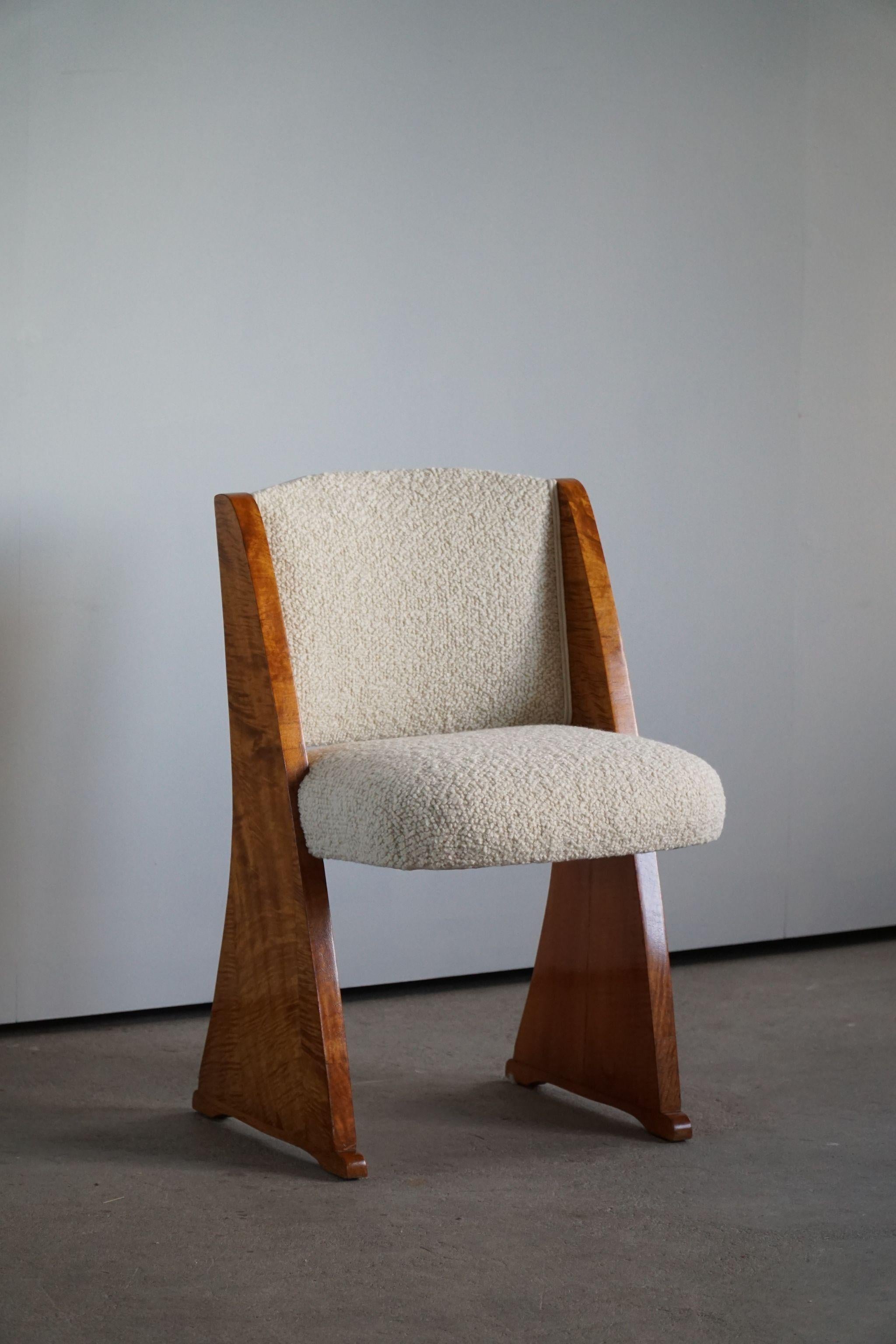 Laine Art déco, ensemble de 6 chaises de salle à manger en bouleau et bouclé, design danois, fabriqué dans les années 1930