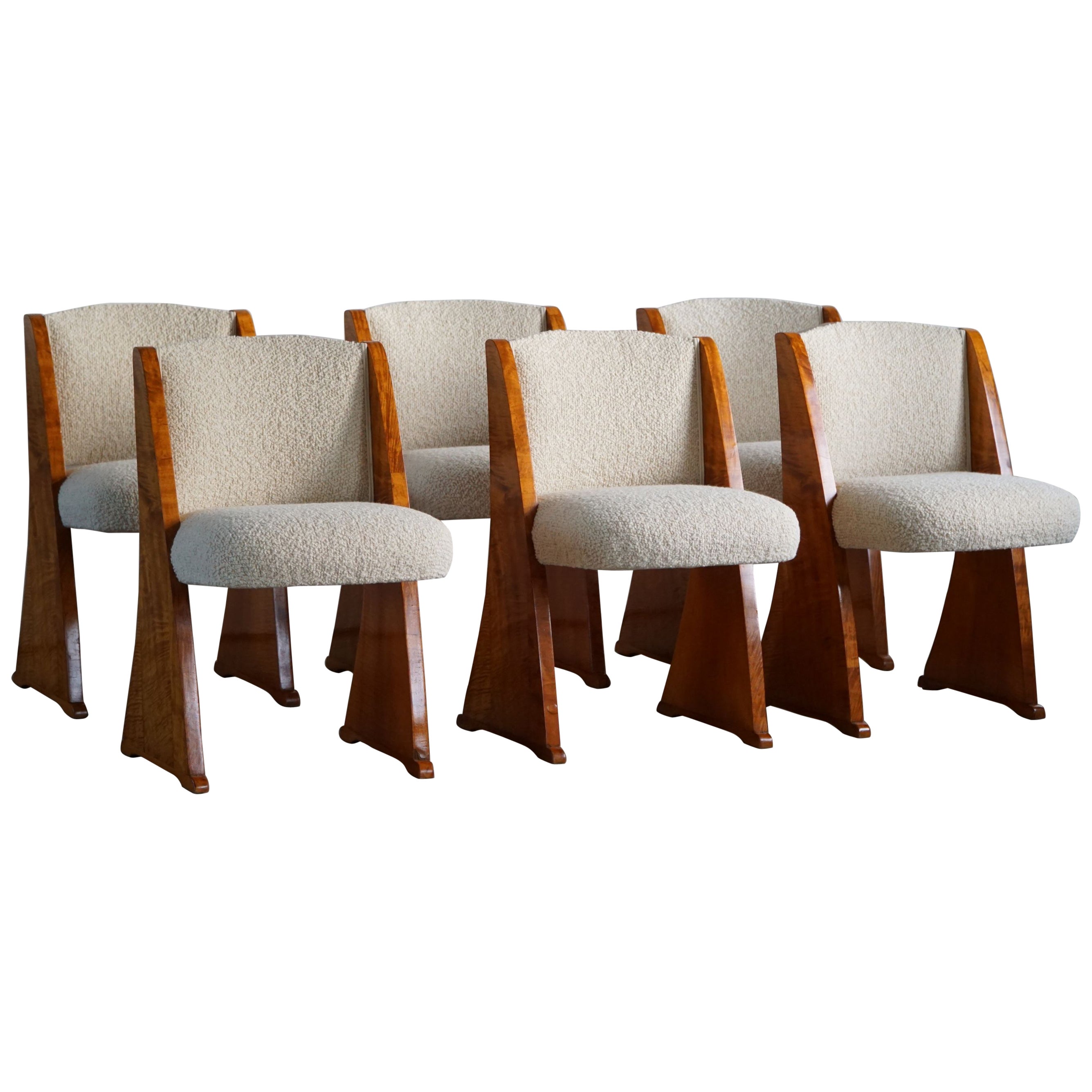 Art déco, ensemble de 6 chaises de salle à manger en bouleau et bouclé, design danois, fabriqué dans les années 1930