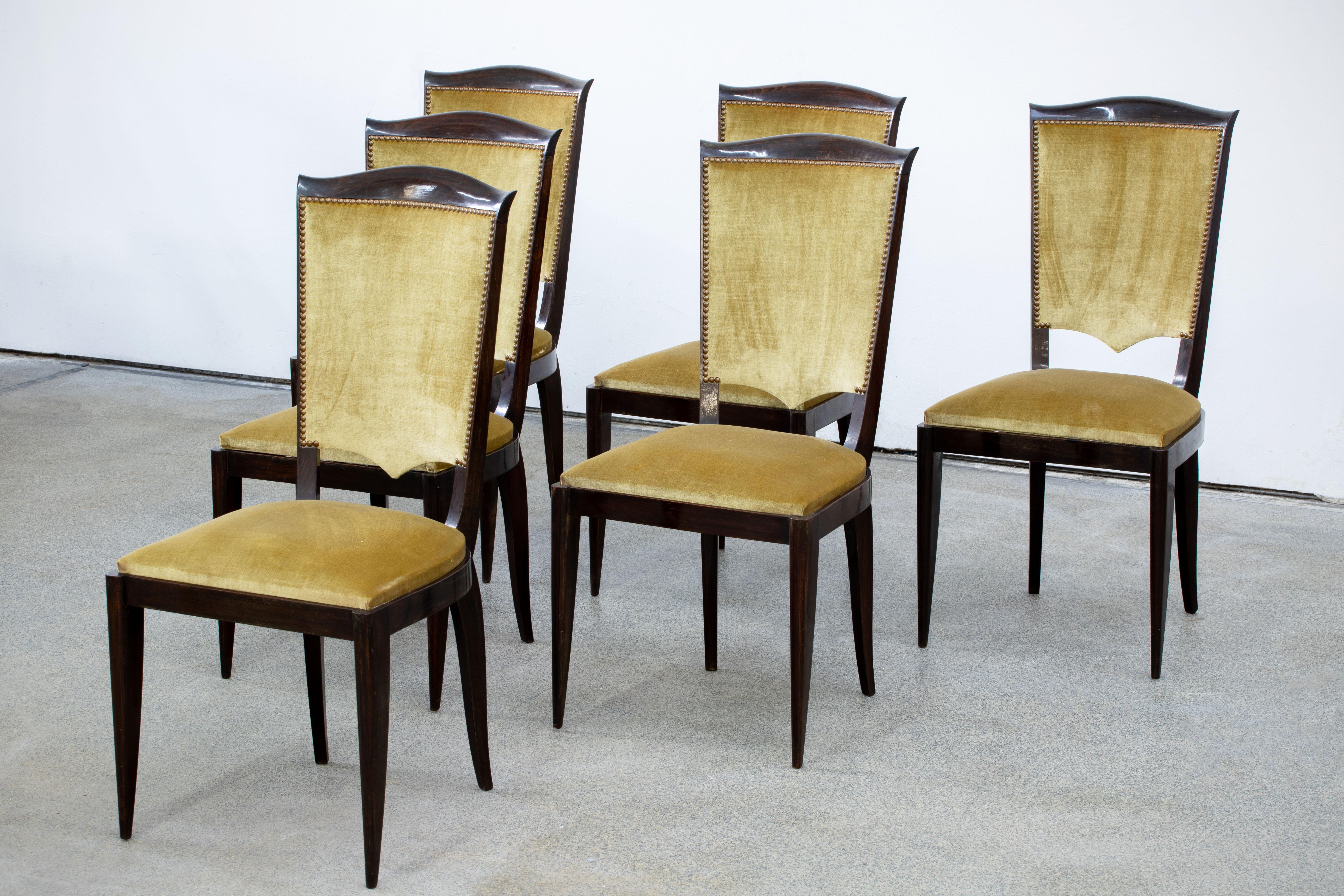 French Art Deco Set of 6 Oak Chairs, France, 1940 For Sale