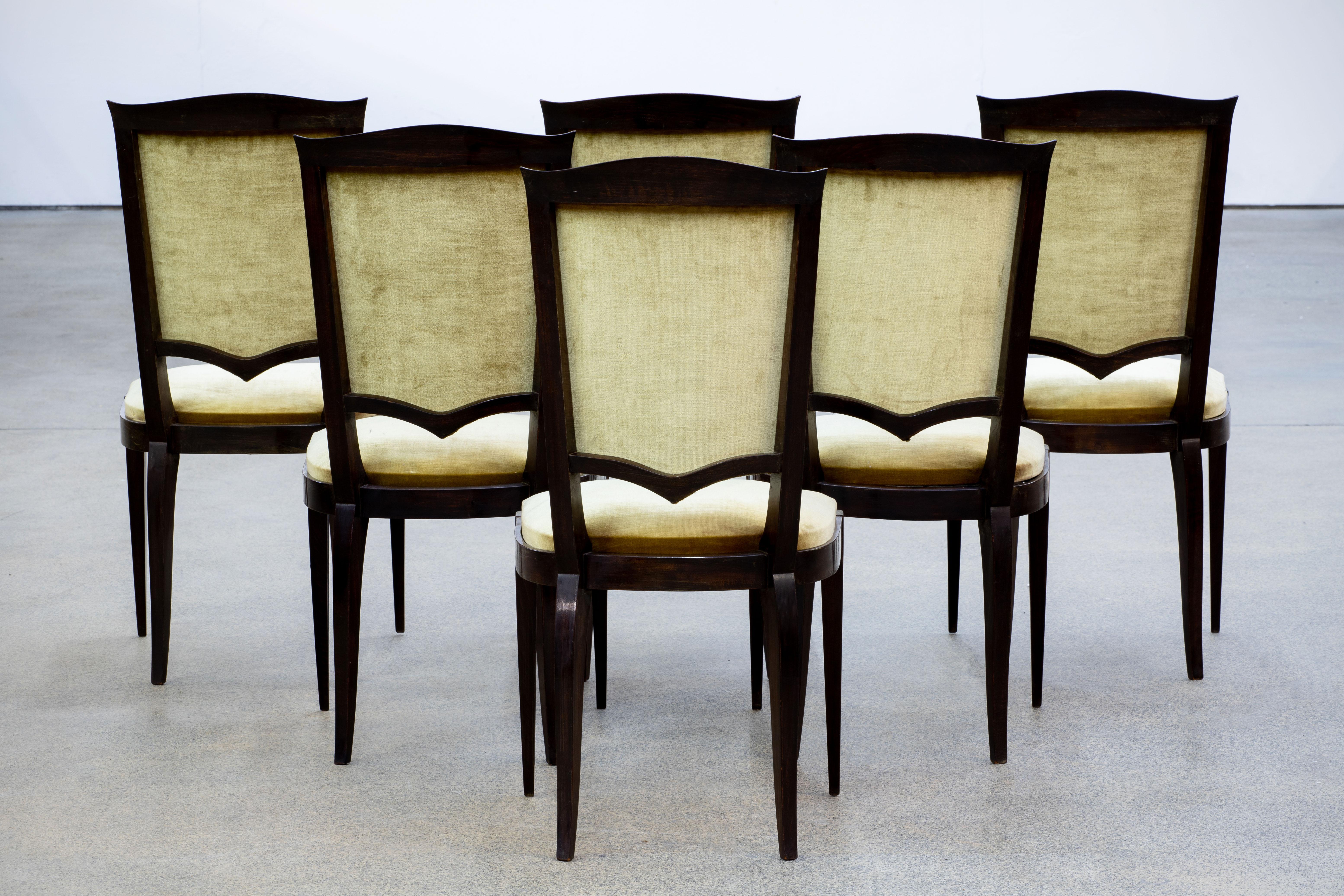 Brass Art Deco Set of 6 Oak Chairs, France, 1940 For Sale