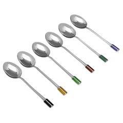 Art deco set of 6 sterling silver and enamel tea spoons made in 1933