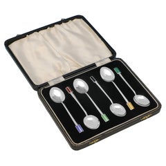 Art deco set of 6 sterling silver and enamel tea spoons made in 1933