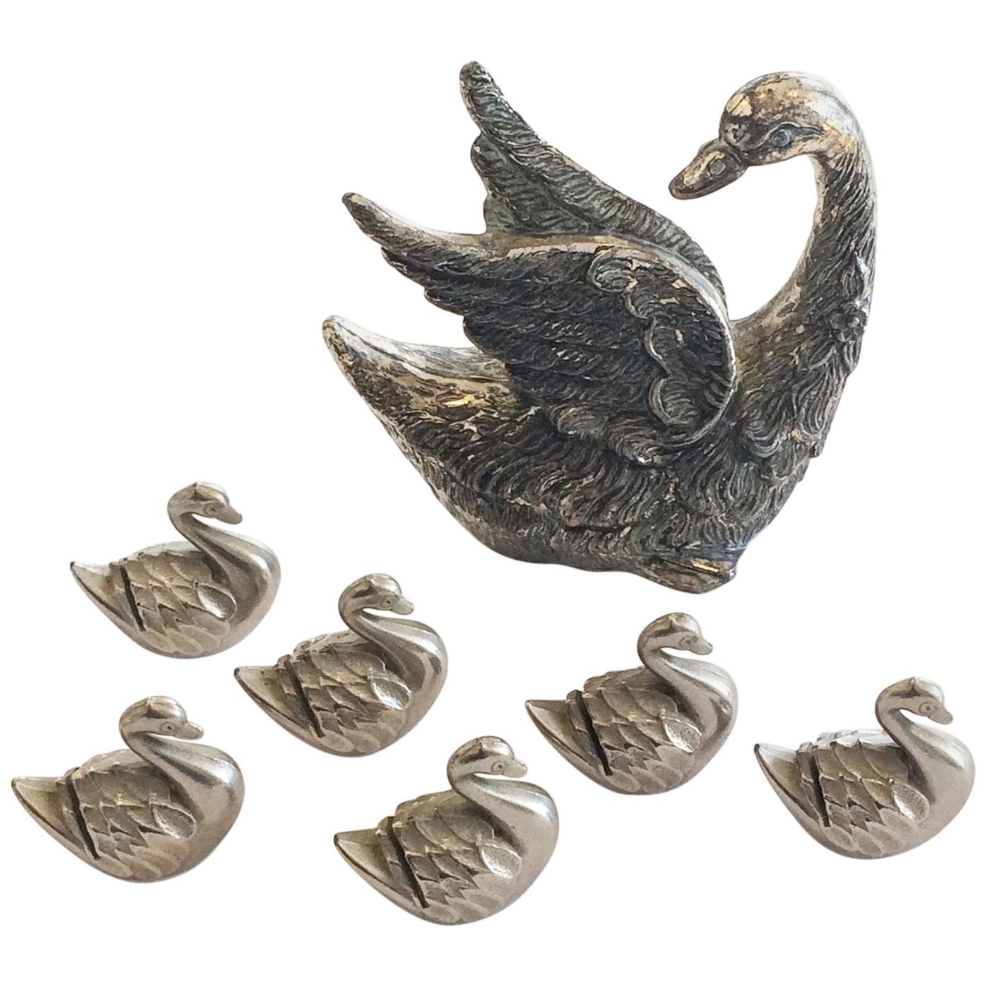 Art Deco Set of 6 Swan Place Holders and Menu Holder