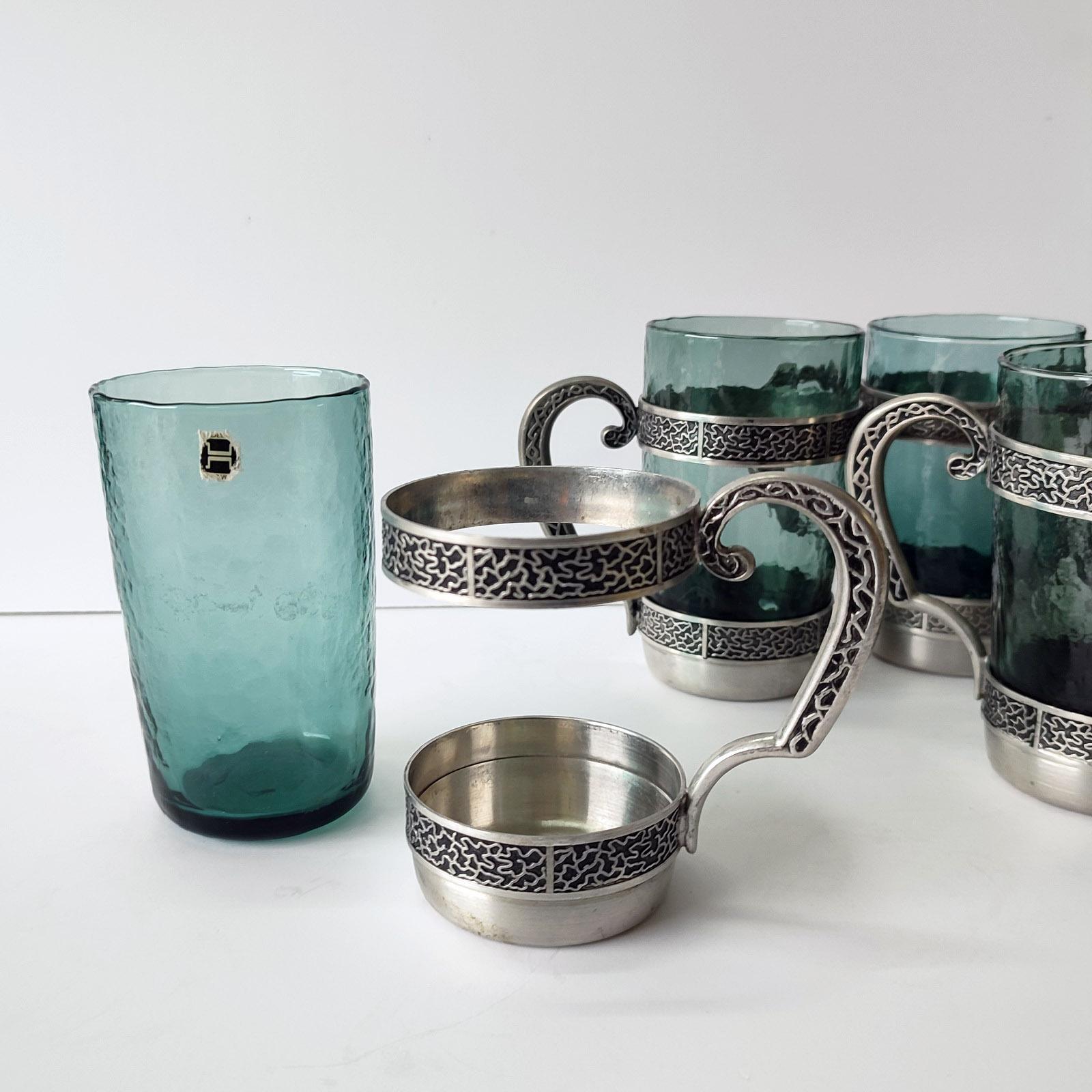 Art Deco Set of 6 Tankard, Mugs, Tea Cups, Made of Glass & Pewter, Norway Tinn For Sale 3