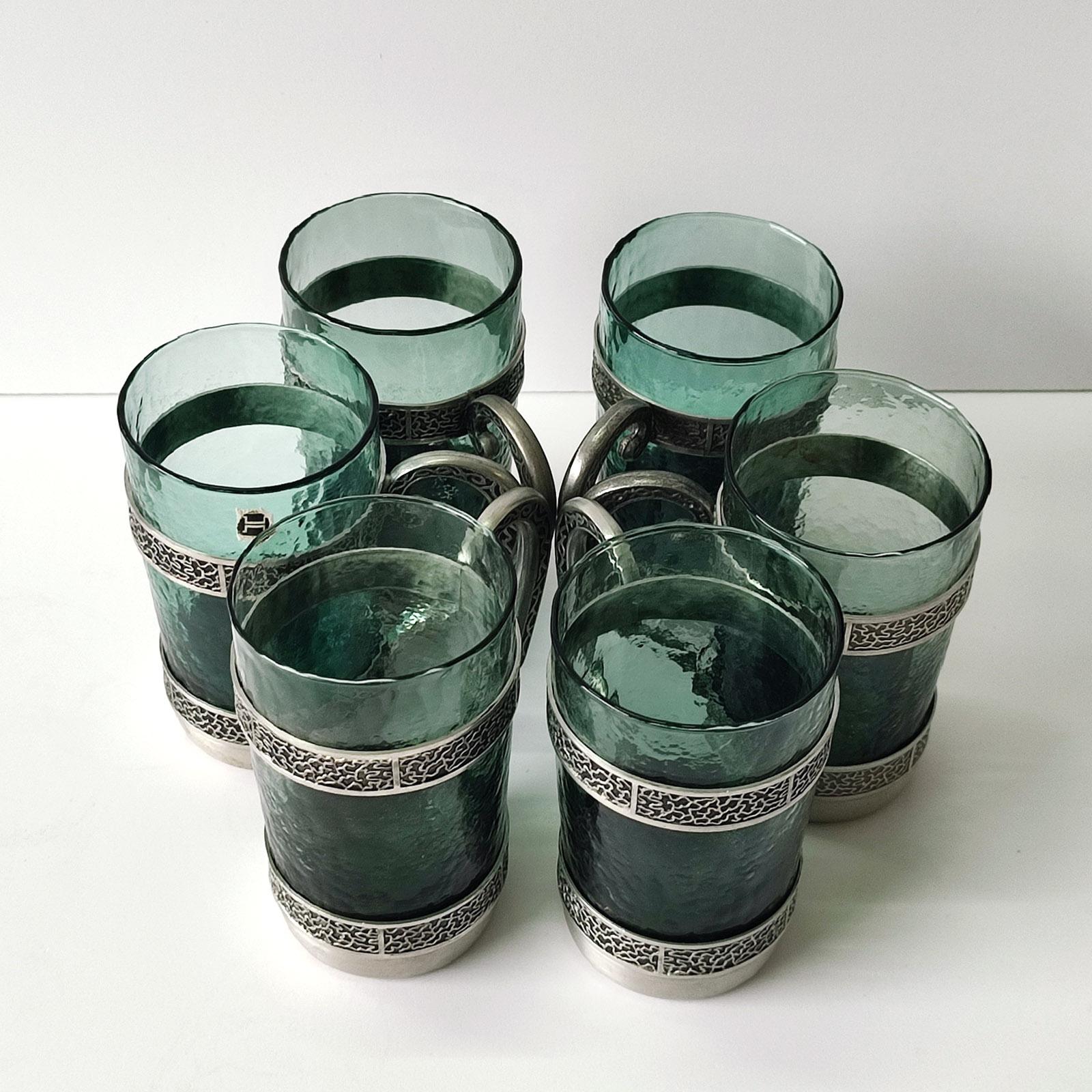 Blown Glass Art Deco Set of 6 Tankard, Mugs, Tea Cups, Made of Glass & Pewter, Norway Tinn For Sale