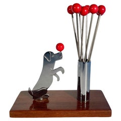 Art Deco Set of Eight Cocktail Picks with a Dog Balancing a Ball on Its Nose