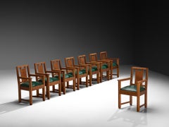 Art Deco Set of Eight Dining Chairs in Oak and Green Upholstered Seats