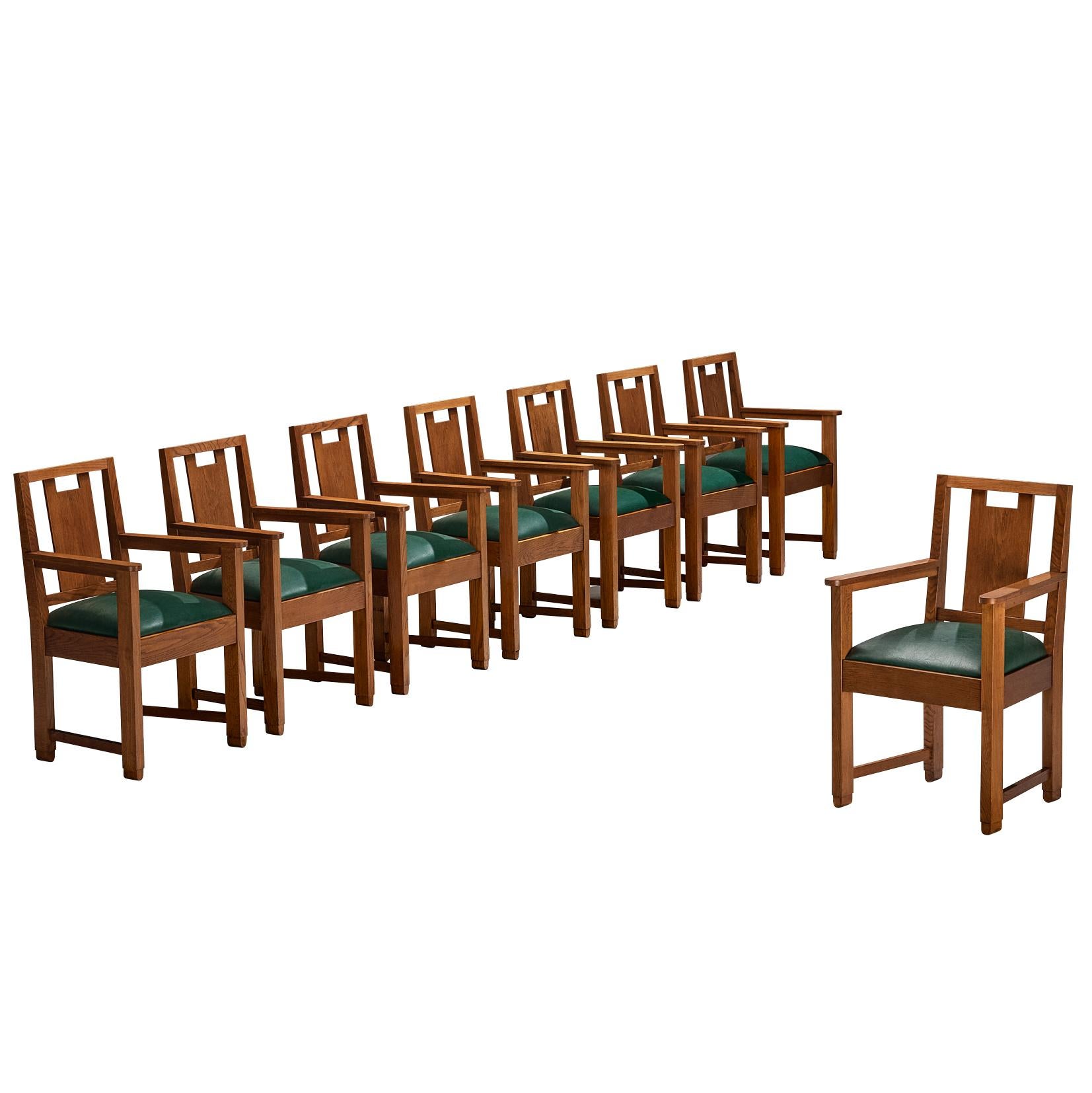 Art Deco Set of Eight Dining Chairs in Oak and Green Upholstered Seats
