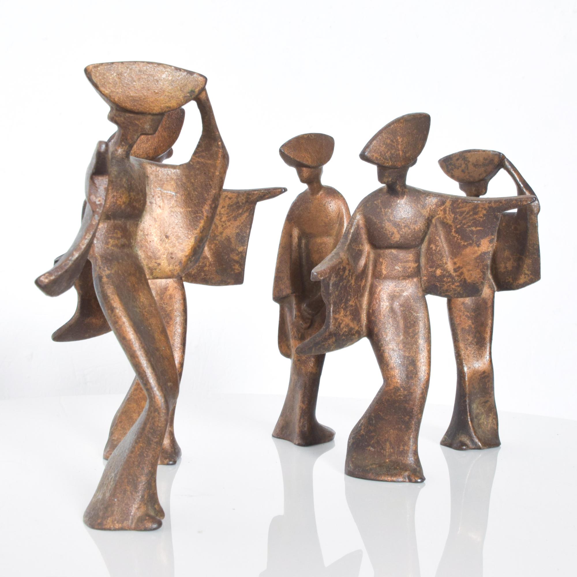 Mid-Century Modern Art Deco Set of Four Japanese Graceful Geisha Figurine Sculptures in Bronze