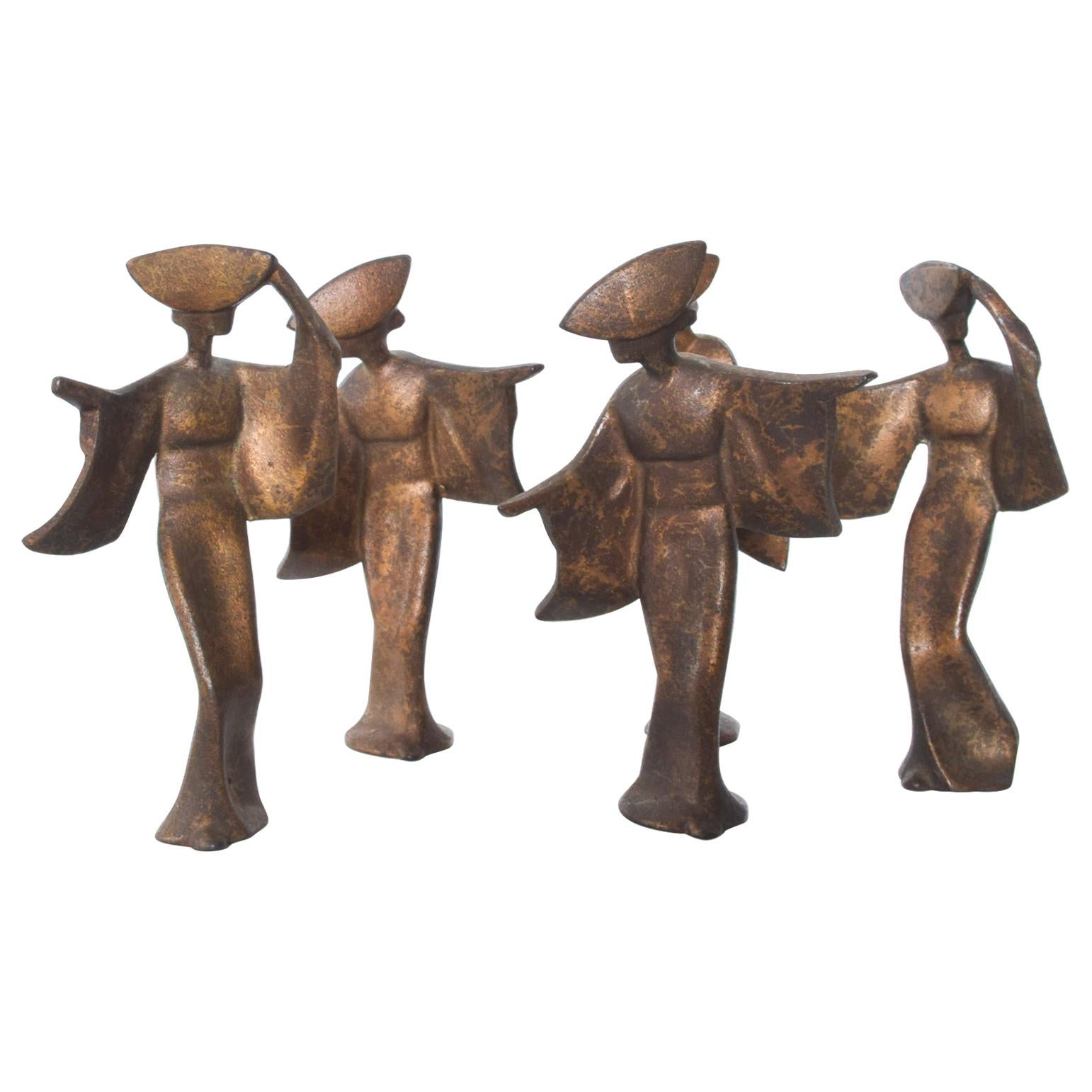 Art Deco Set of Four Japanese Graceful Geisha Figurine Sculptures in Bronze