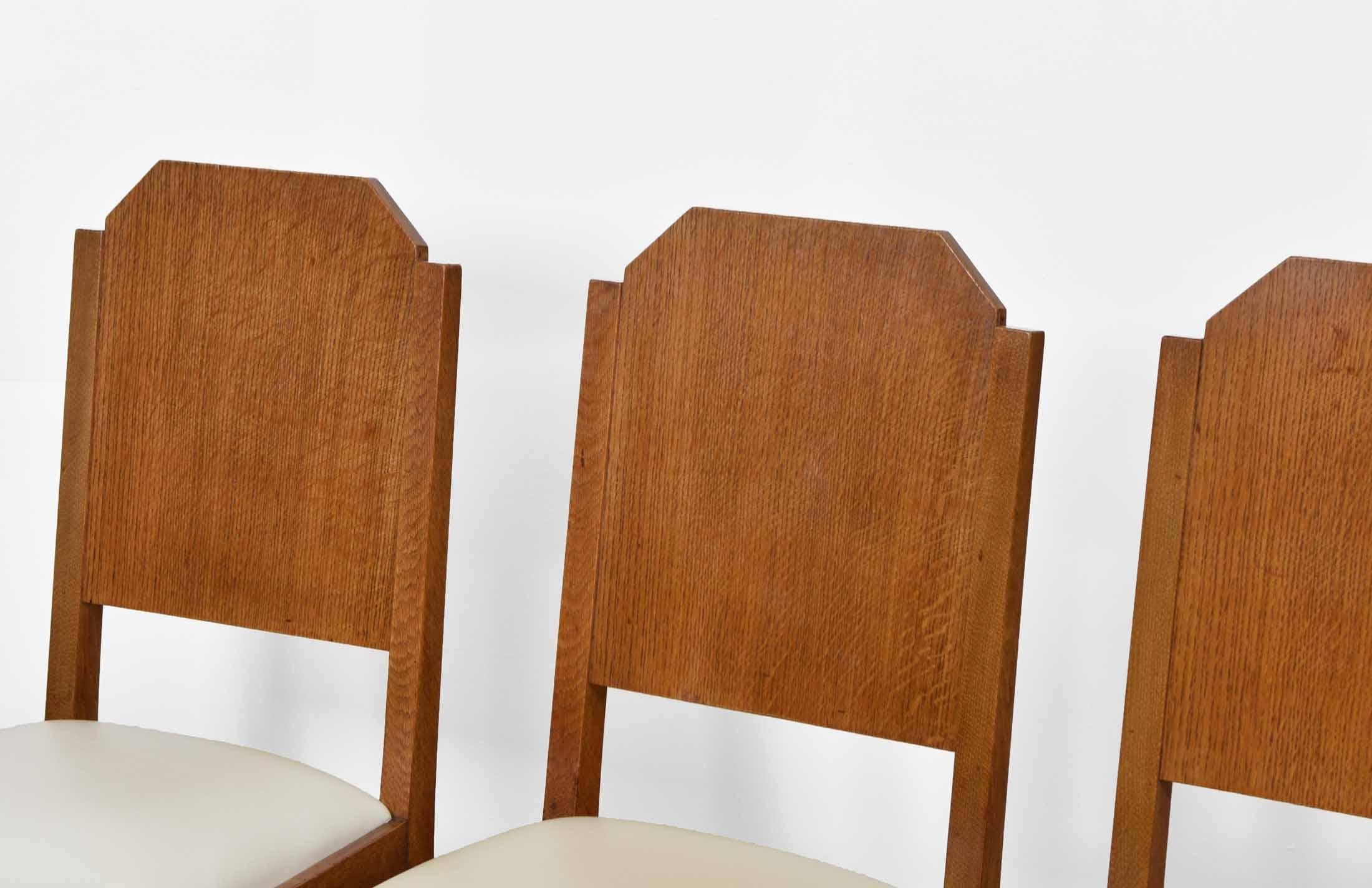 Art Deco Set of Four Oak and Leather Dining Chairs 1