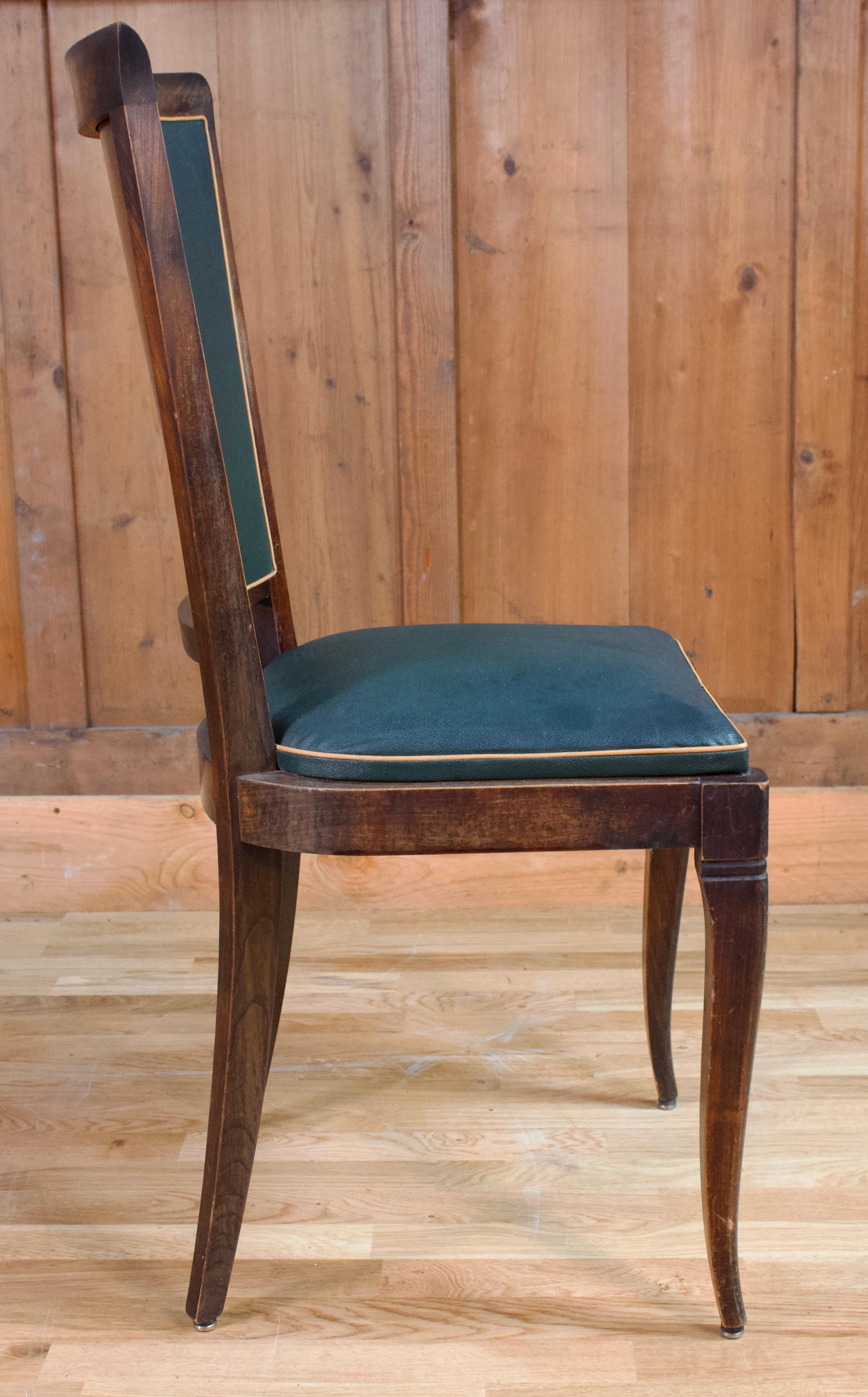 French Art Deco Set of Four Wood And Jaguar Green Leatherette Armchairs Circa 1950 For Sale