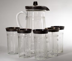 Art Deco Set of Glass Bar Pitcher Jug & Glasses, Etched Silver-plated Glow in UV