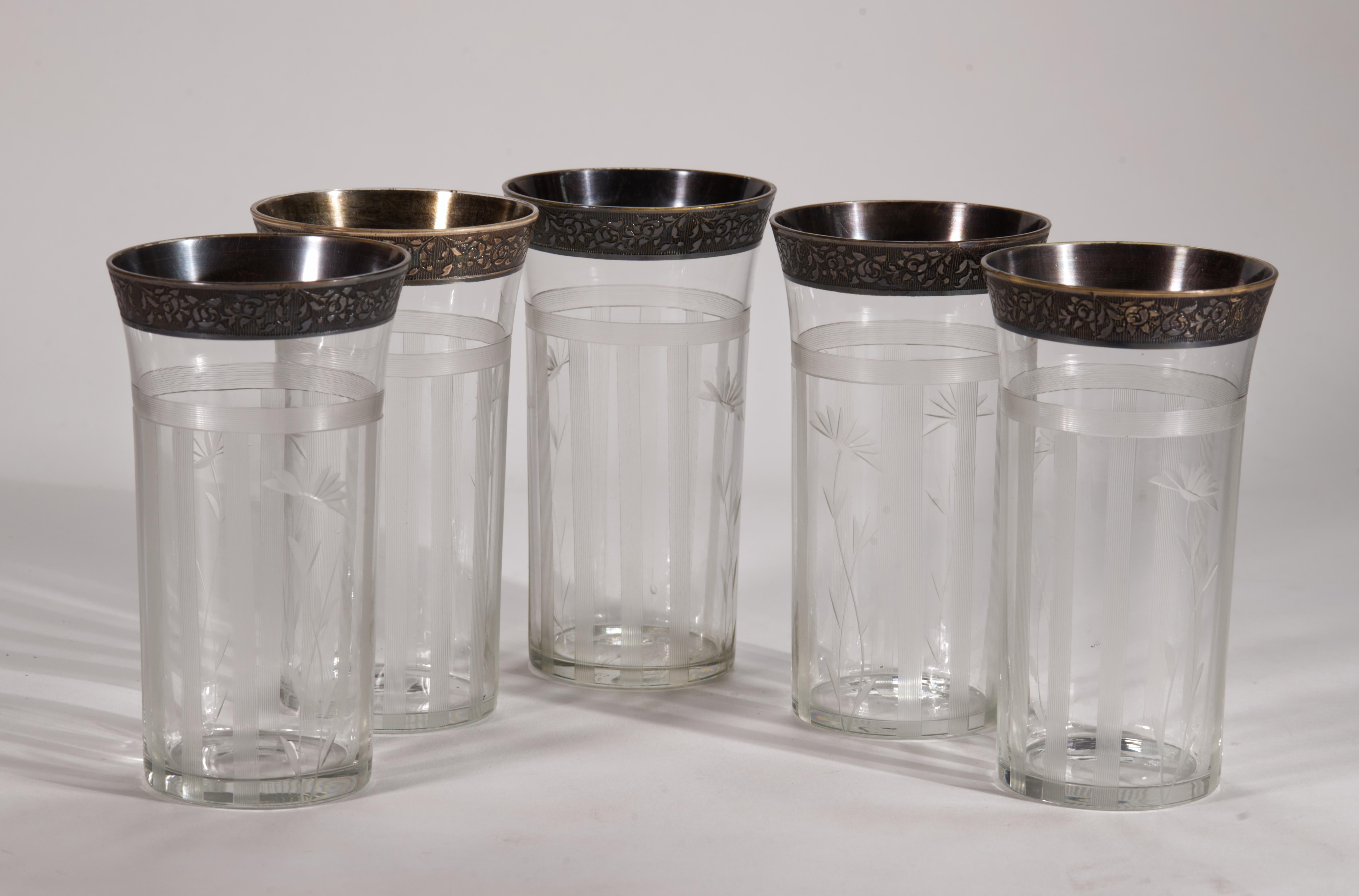Juego Art Déco de Jarra y Vasos de Bar, Plateados Grabados Brillan en UV en venta 1