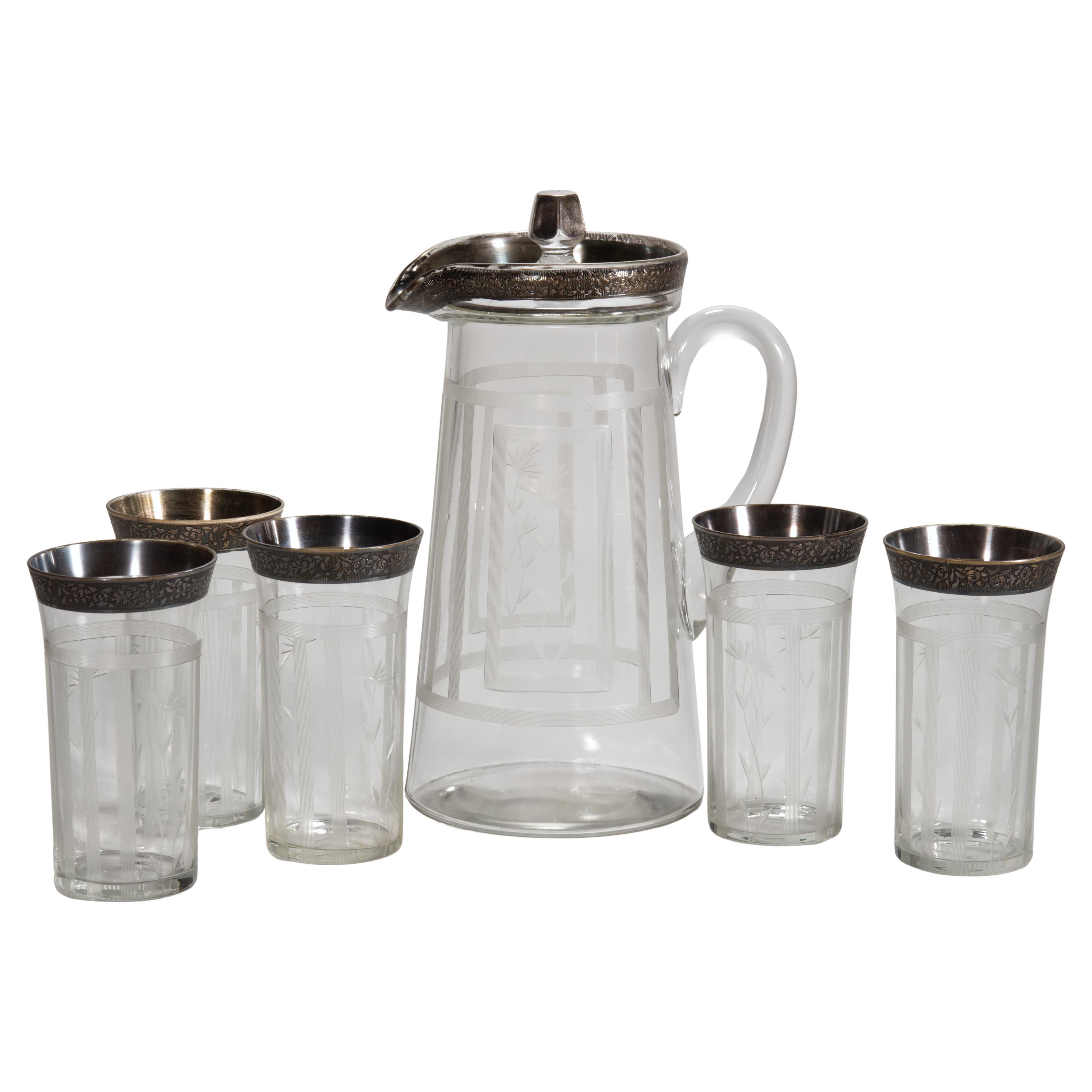 Set di brocche e bicchieri da bar in vetro Art Deco, con incisione argentata e bagliore UV