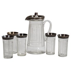Antique Art Deco Set of Glass Bar Pitcher Jug & Glasses, Etched Silver-plated Glow in UV