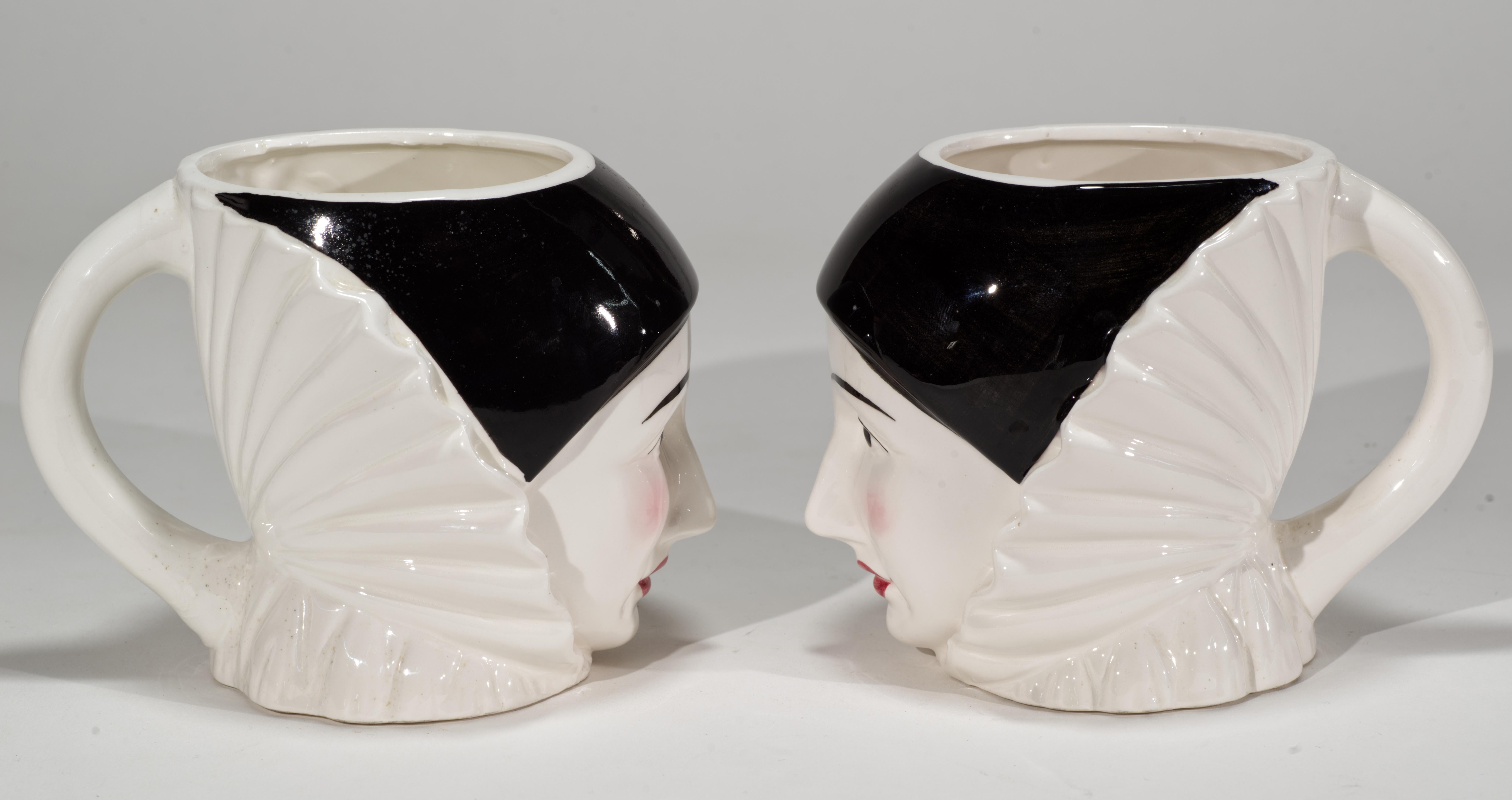 Art Deco Set of Pierrot Harlequin Teapot and 2 Mugs Cups, Japan 1970s 3