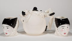 Art Deco Set of Pierrot Harlequin Teapot and 2 Mugs Cups, Japan 1970s