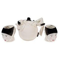 Art Deco Set of Pierrot Harlequin Teapot and 2 Mugs Cups, Japan 1970s