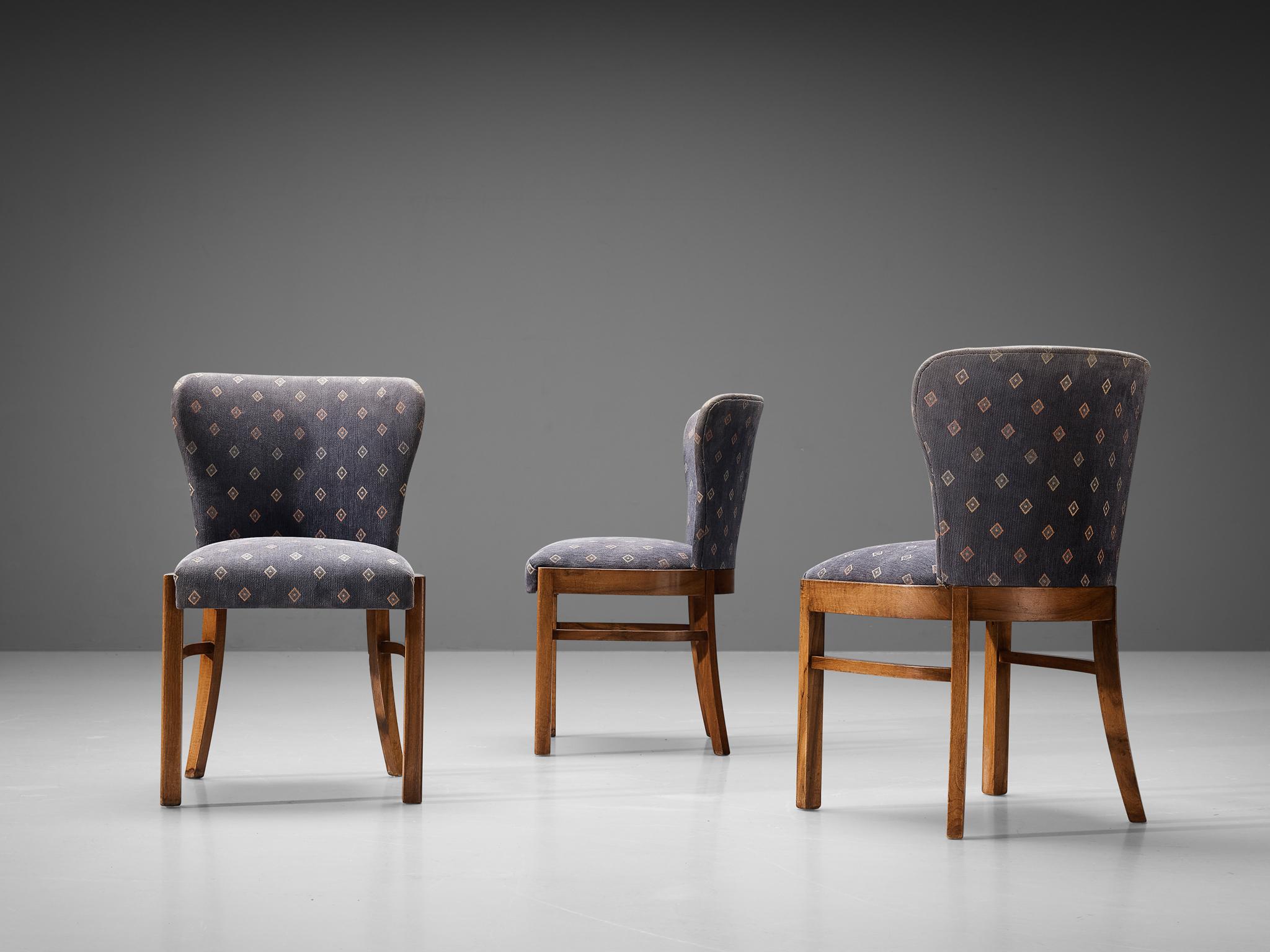 European Art Deco Set of Six Dining Chairs in Walnut