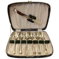 Art Deco Set of Six Grapefruit Spoons with Knife Silver Plated, England