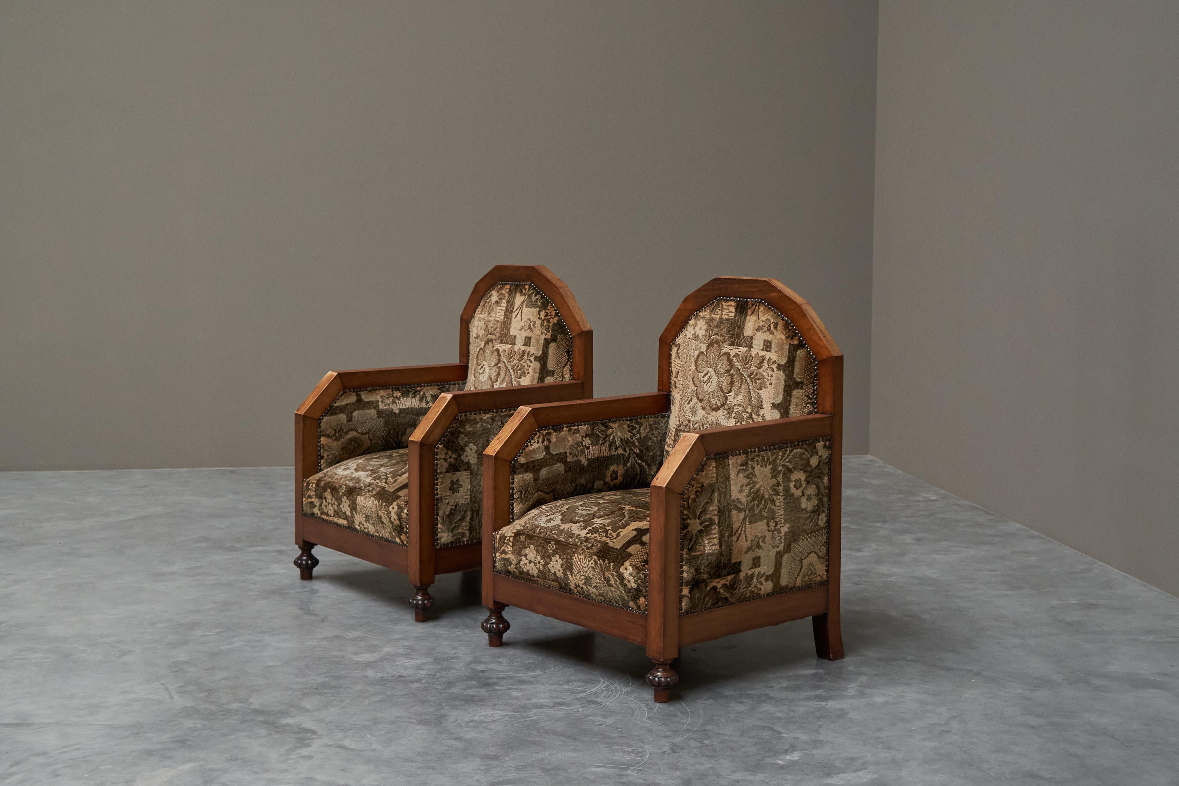 Fabric Art Deco Set of Sofa and Armchairs in Solid Wood and Tapisserie 1930 For Sale