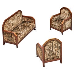 Art Deco Set of Sofa and Armchairs in Solid Wood and Tapisserie 1930