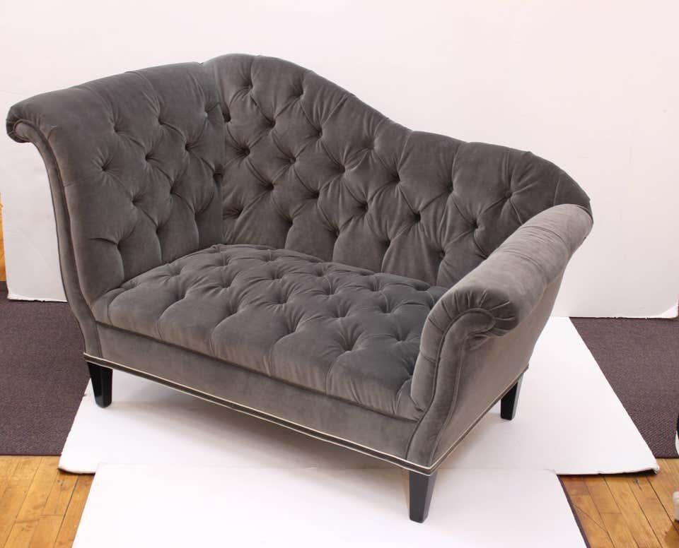 American Art Deco Settee with Tufted Velvet Upholstery and Black Wooden Legs