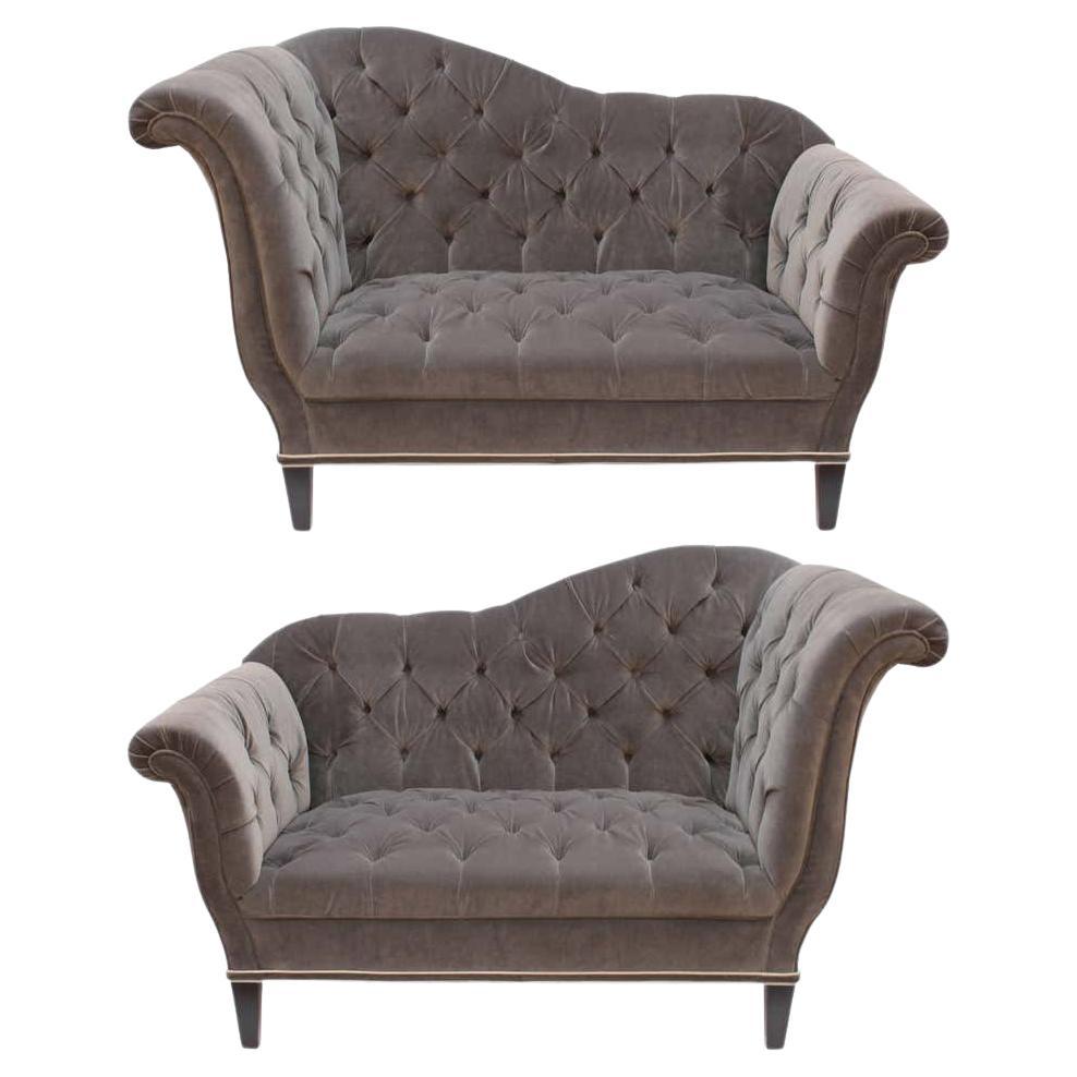 Art Deco Settee with Tufted Velvet Upholstery and Black Wooden Legs