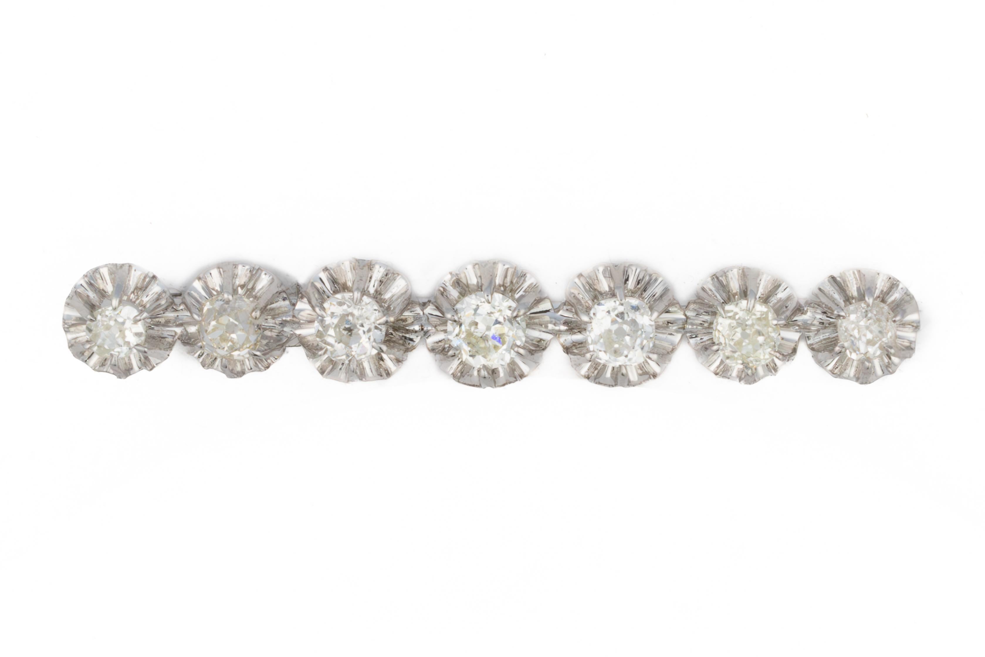 Art Deco Seven Diamond Platinum Bar Brooch

Description:
This elegant Art Deco brooch features a captivating row of seven old European cut diamonds Crafted in platinum, the brooch exemplifies the geometry and symmetry of the 1920s, with refined