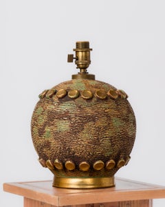 Art Deco Shades of Green & Gilt Dots Ceramic Table Lamp - France 1930's