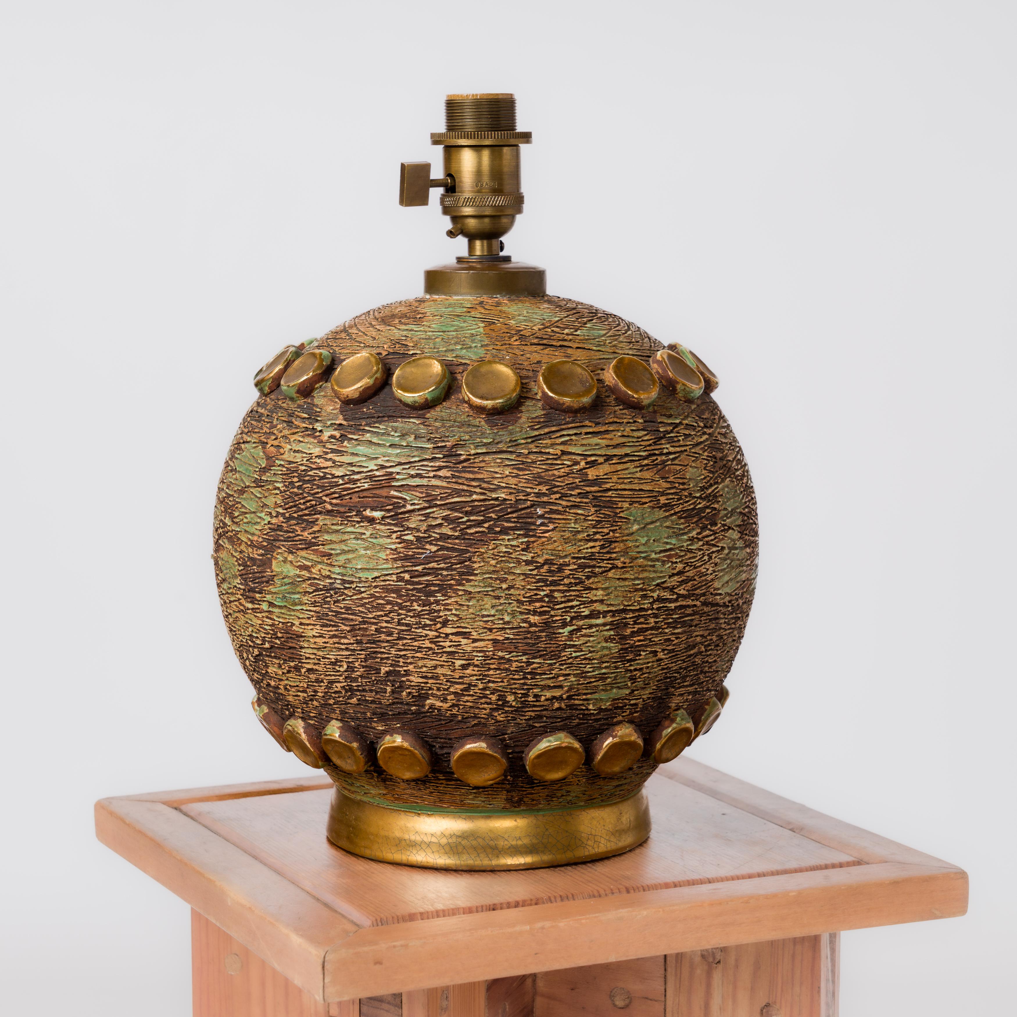 Art Deco Schattierungen von Grün & vergoldete Punkte Keramik Tischlampe - Frankreich 1930er Jahre (Mitte des 20. Jahrhunderts) im Angebot
