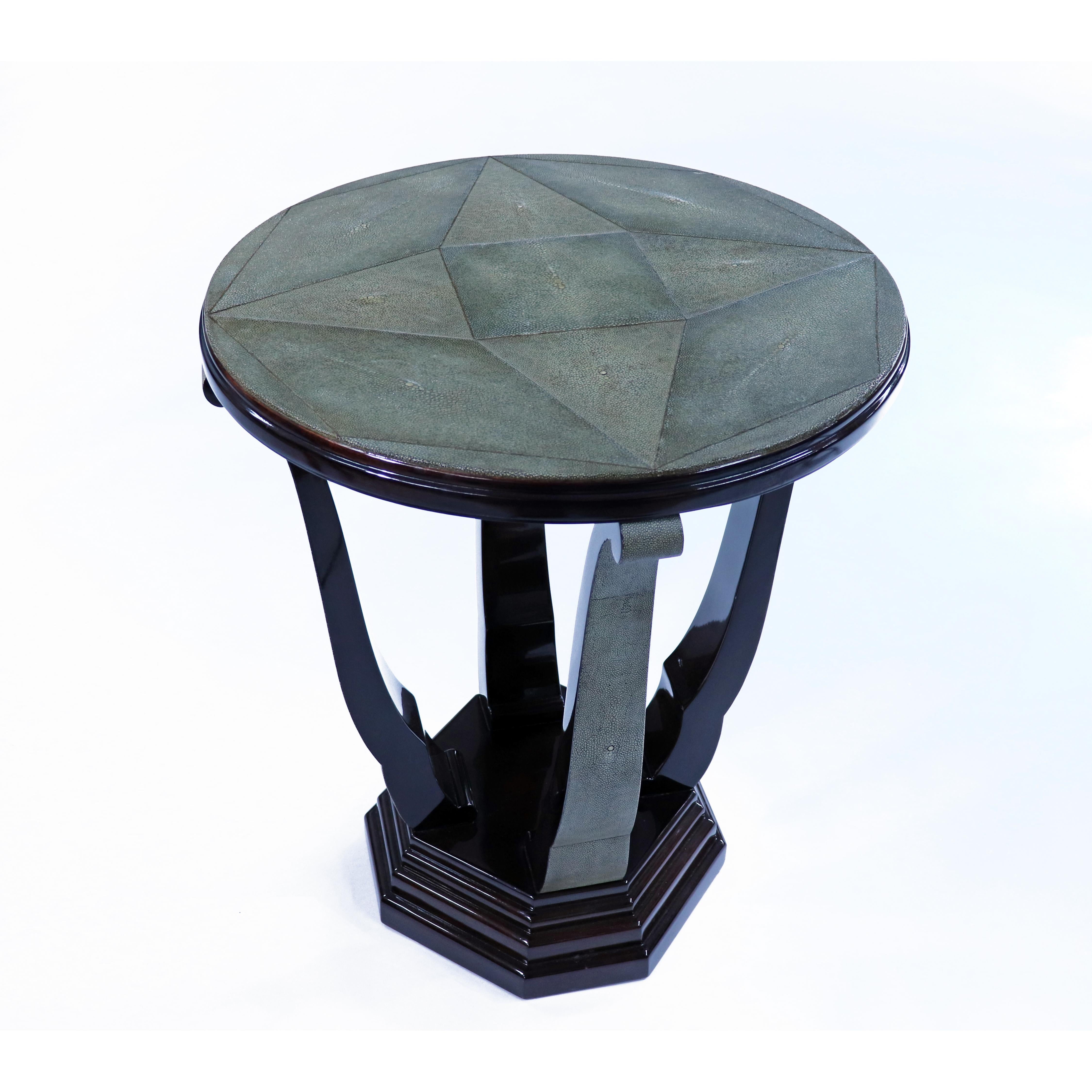 Art Deco entry/side table made out of walnut and shagreen (Galuchat) top and legs details
Made in France 
circa 1930.