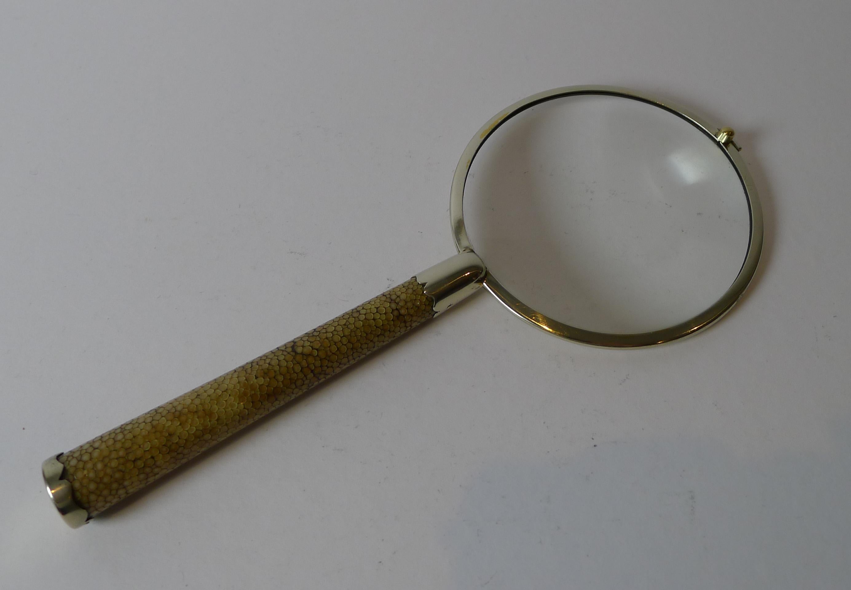 British Art Deco Shagreen & Silver Plated Magnifying Glass c.1930 For Sale
