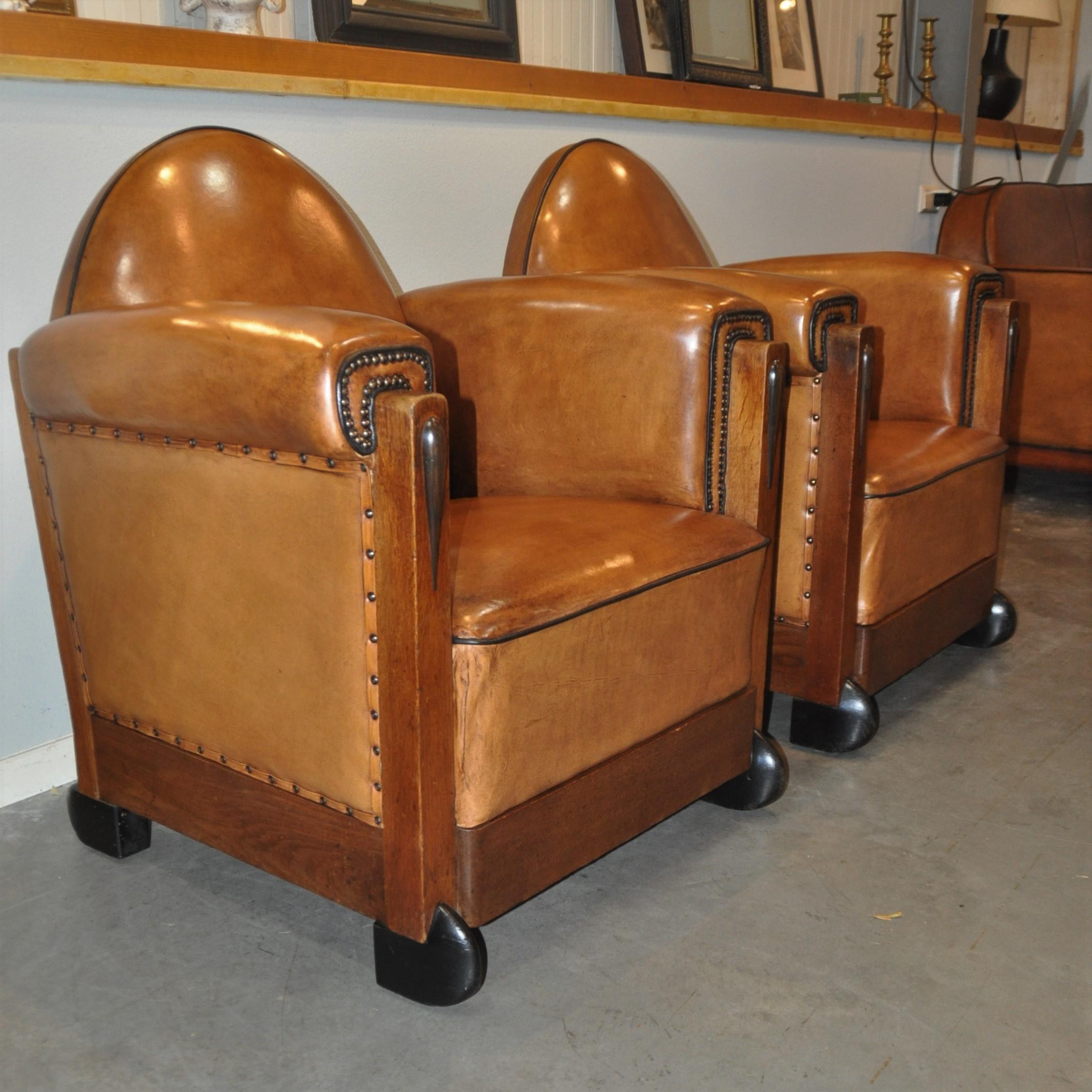 Dutch Art Deco Sheep Leather Arm Chairs, Set of 2, the Netherlands, 1920s