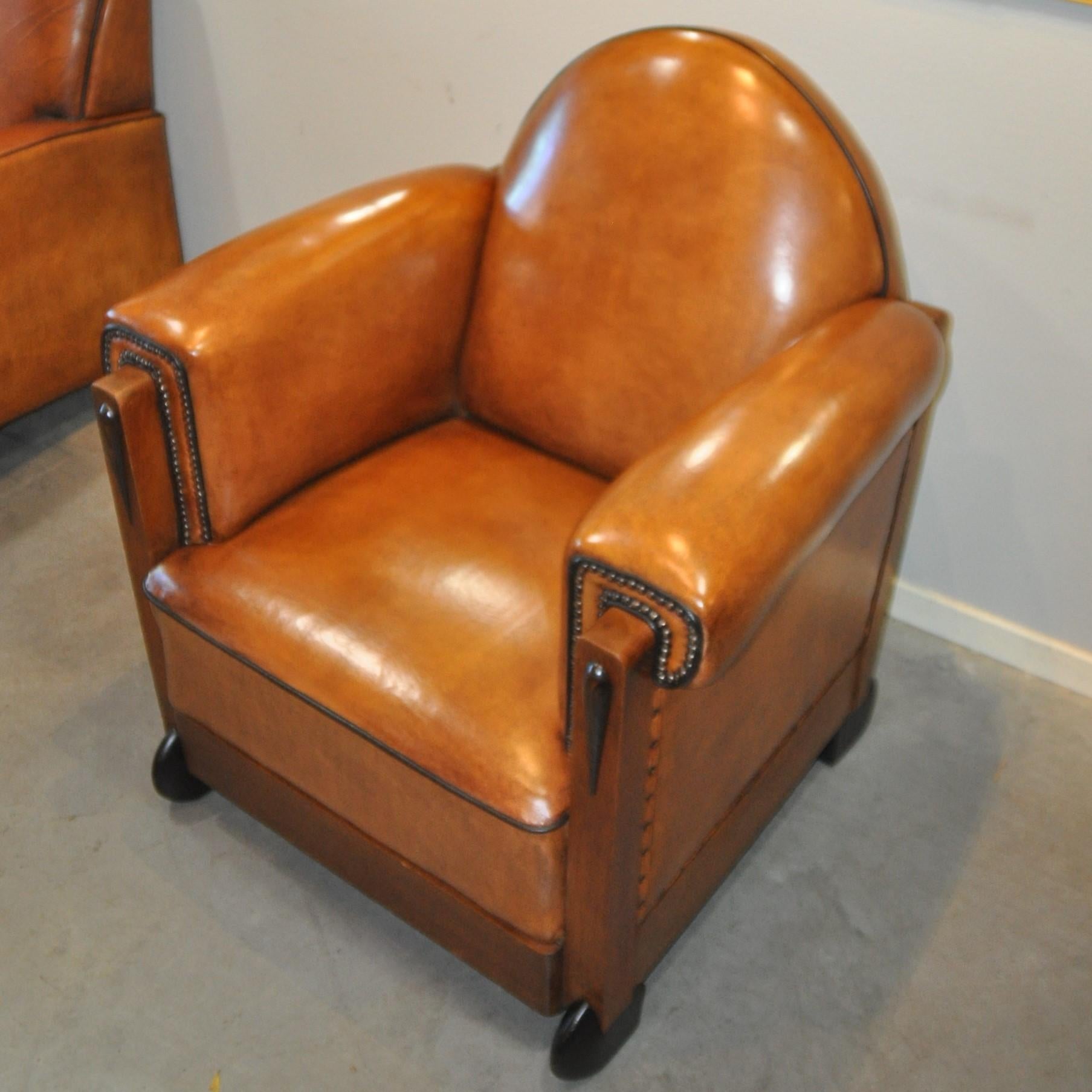 Early 20th Century Art Deco Sheep Leather Arm Chairs, Set of 2, the Netherlands, 1920s