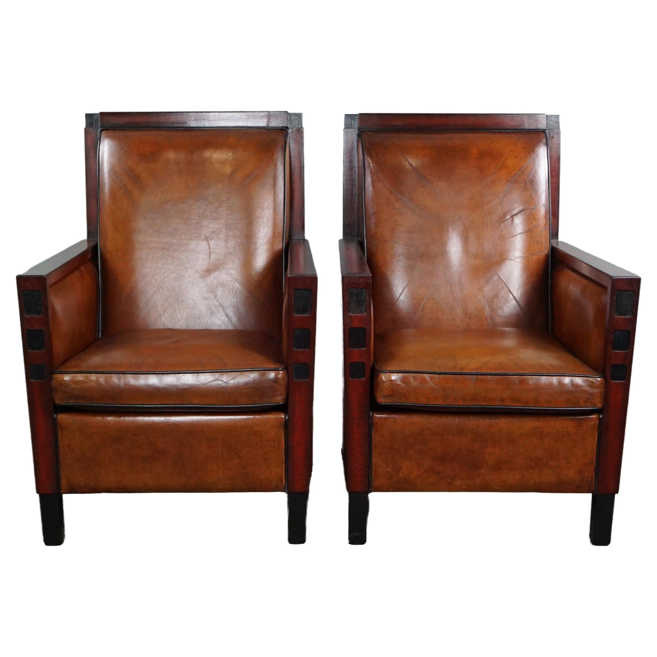 Art deco sheep leather armchairs/armchairs, set of two