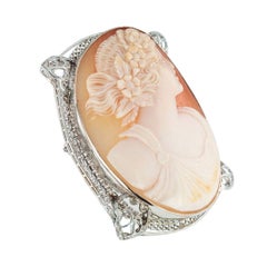 Art Deco Shell Cameo Filigree White Gold Brooch Pendant