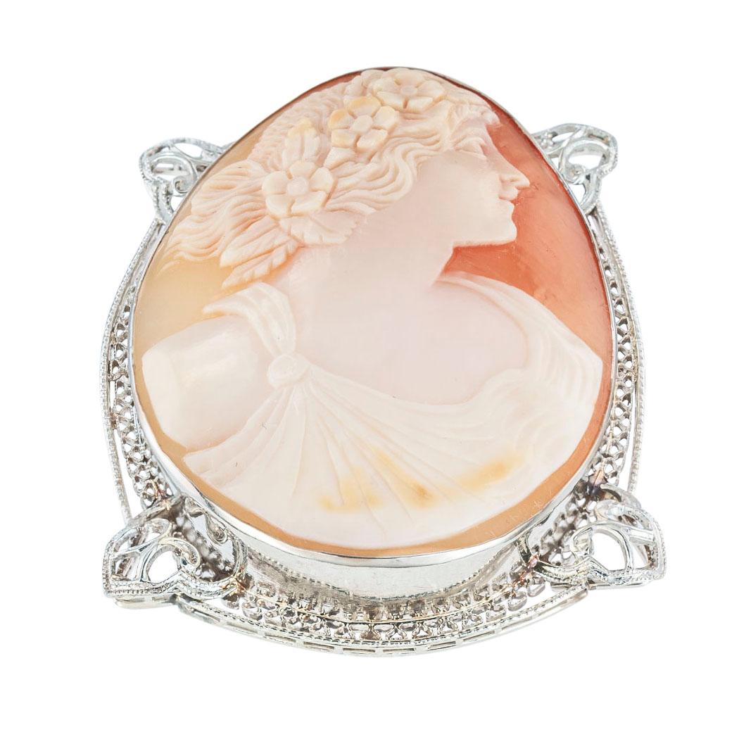 Women's Art Deco Shell Cameo Filigree White Gold Brooch Pendant