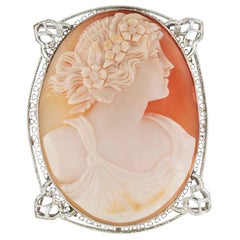 Art Deco Shell Cameo Filigree White Gold Brooch Pendant