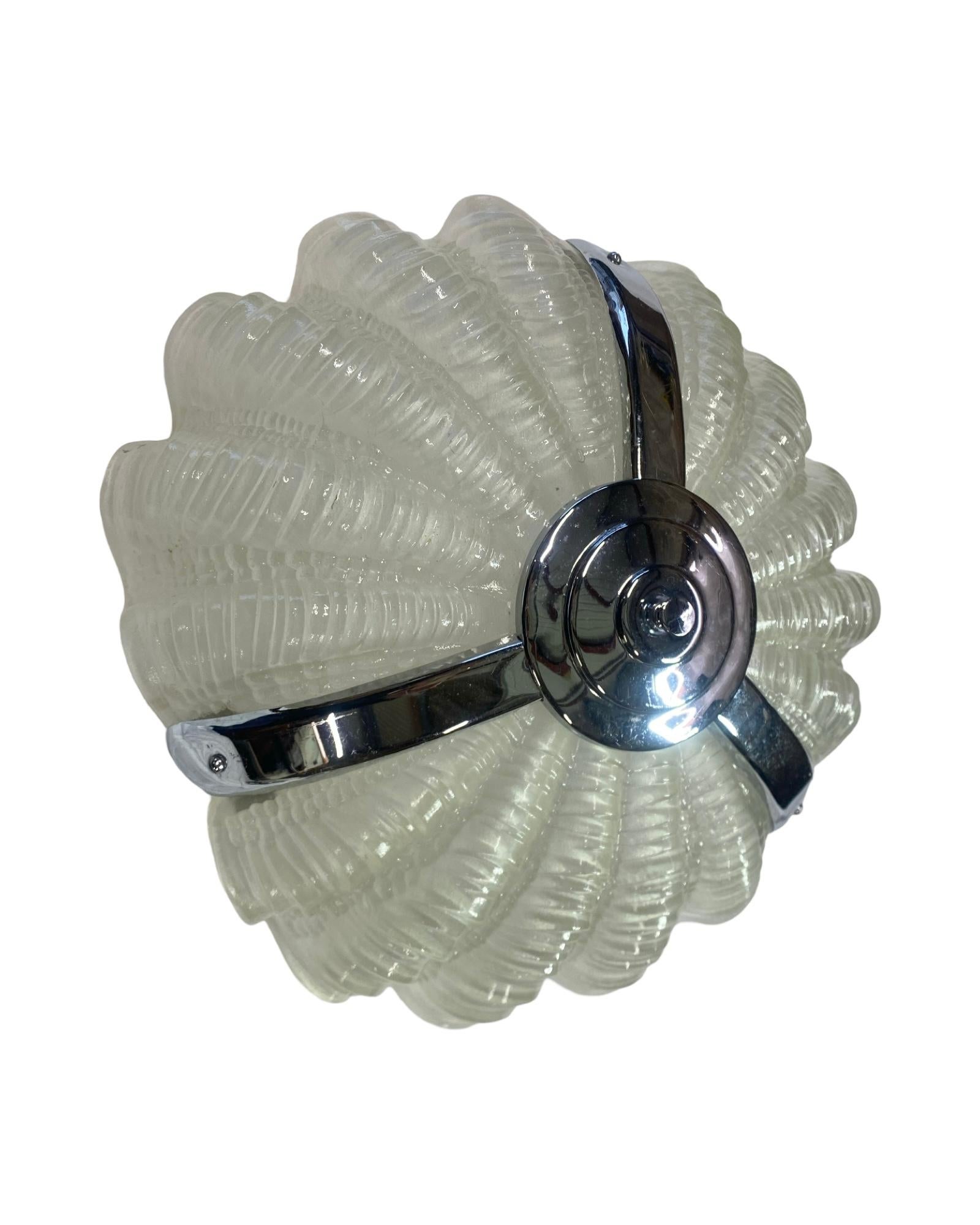 Beautiful opaque Art Deco Shell Ceiling Light, the 3 opaque shells, all in excellent condition with no cracks or chips, slot neatly into the Chrome frame, which is highly polished and again in very good original condition. The ceiling light is