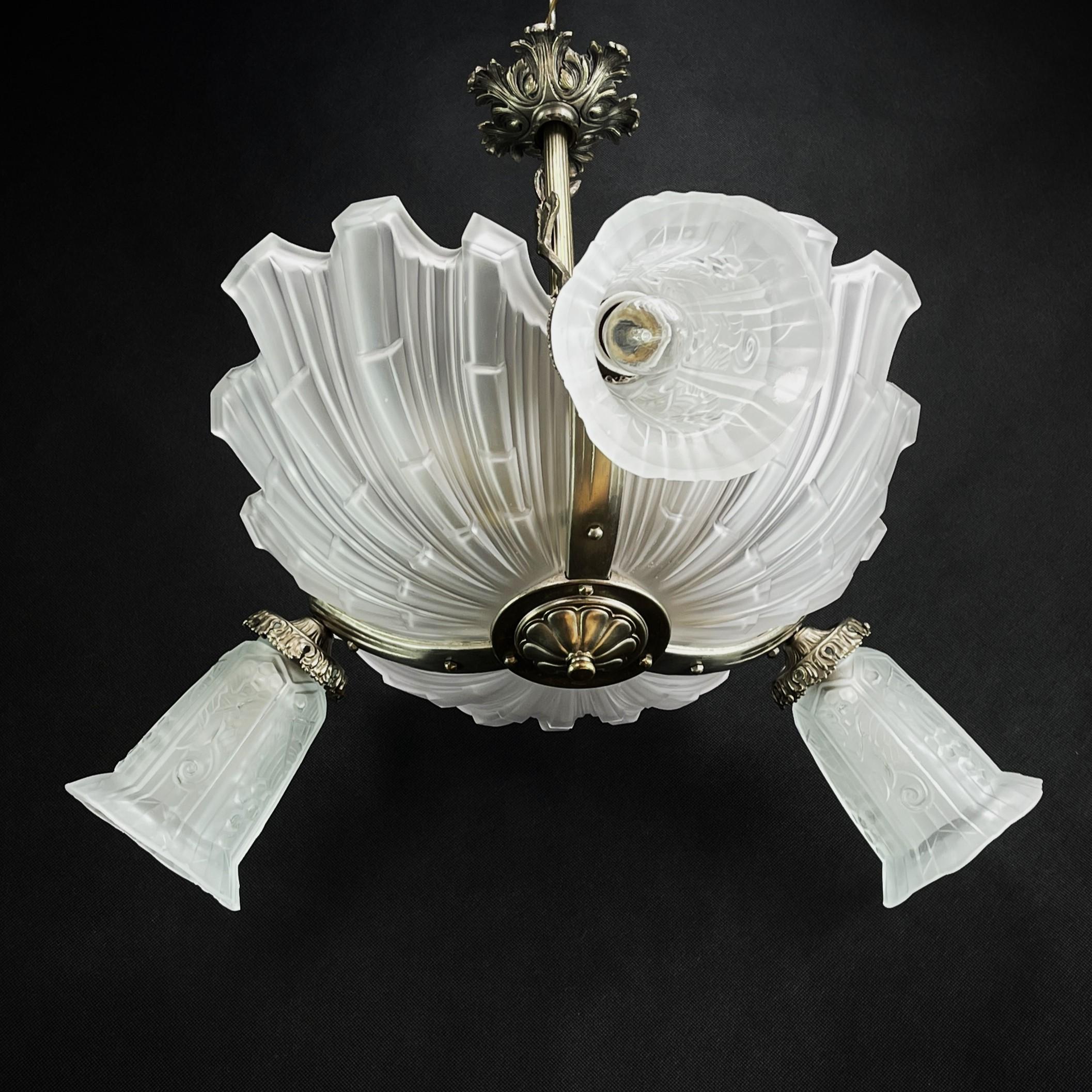Art Deco ART DECO Shell Lamp by Maynadier Chandelier Hanging Lamp Ceiling Lamp, 1930s