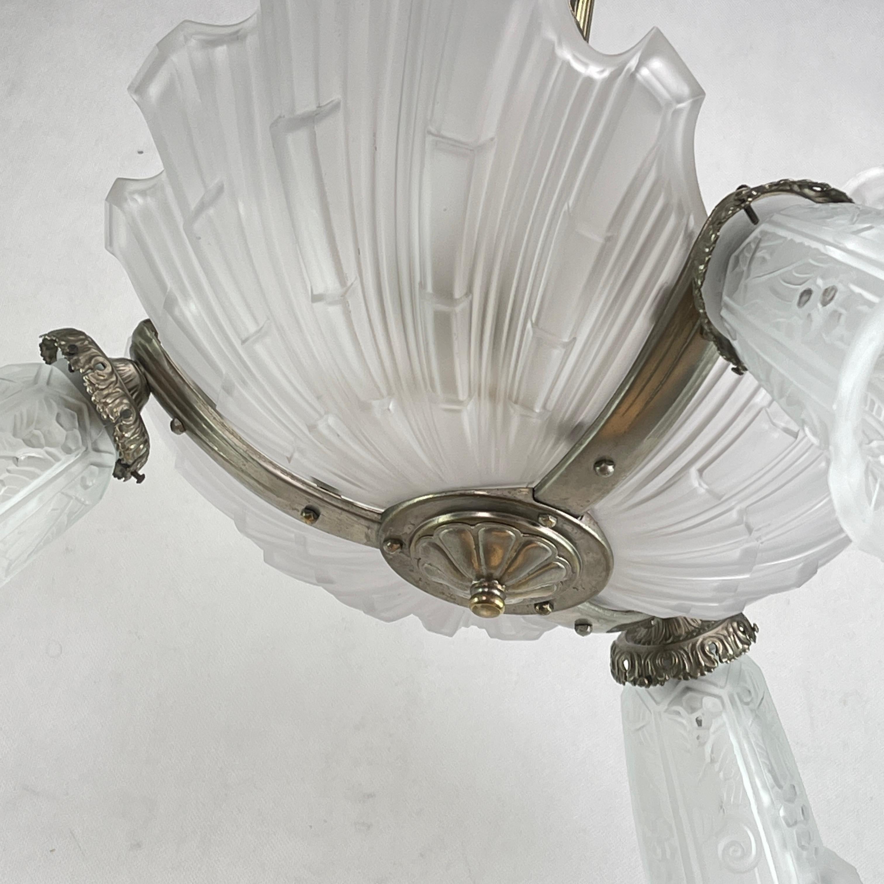 French ART DECO Shell Lamp by Maynadier Chandelier Hanging Lamp Ceiling Lamp, 1930s