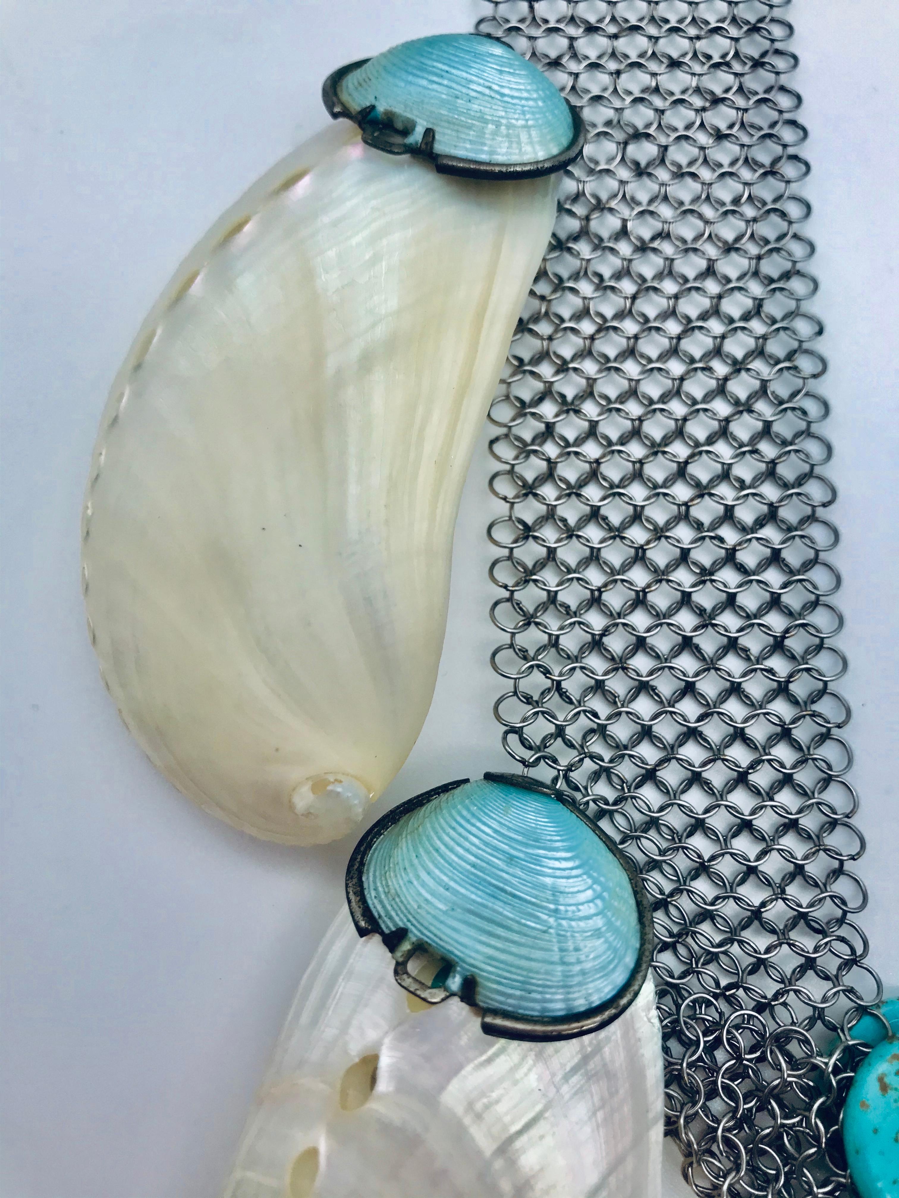 Art Deco Shell Necklace , up-cycled with Stainless Steel Mesh , by Sylvia Gottwald In New Condition For Sale In Washington DC, DC